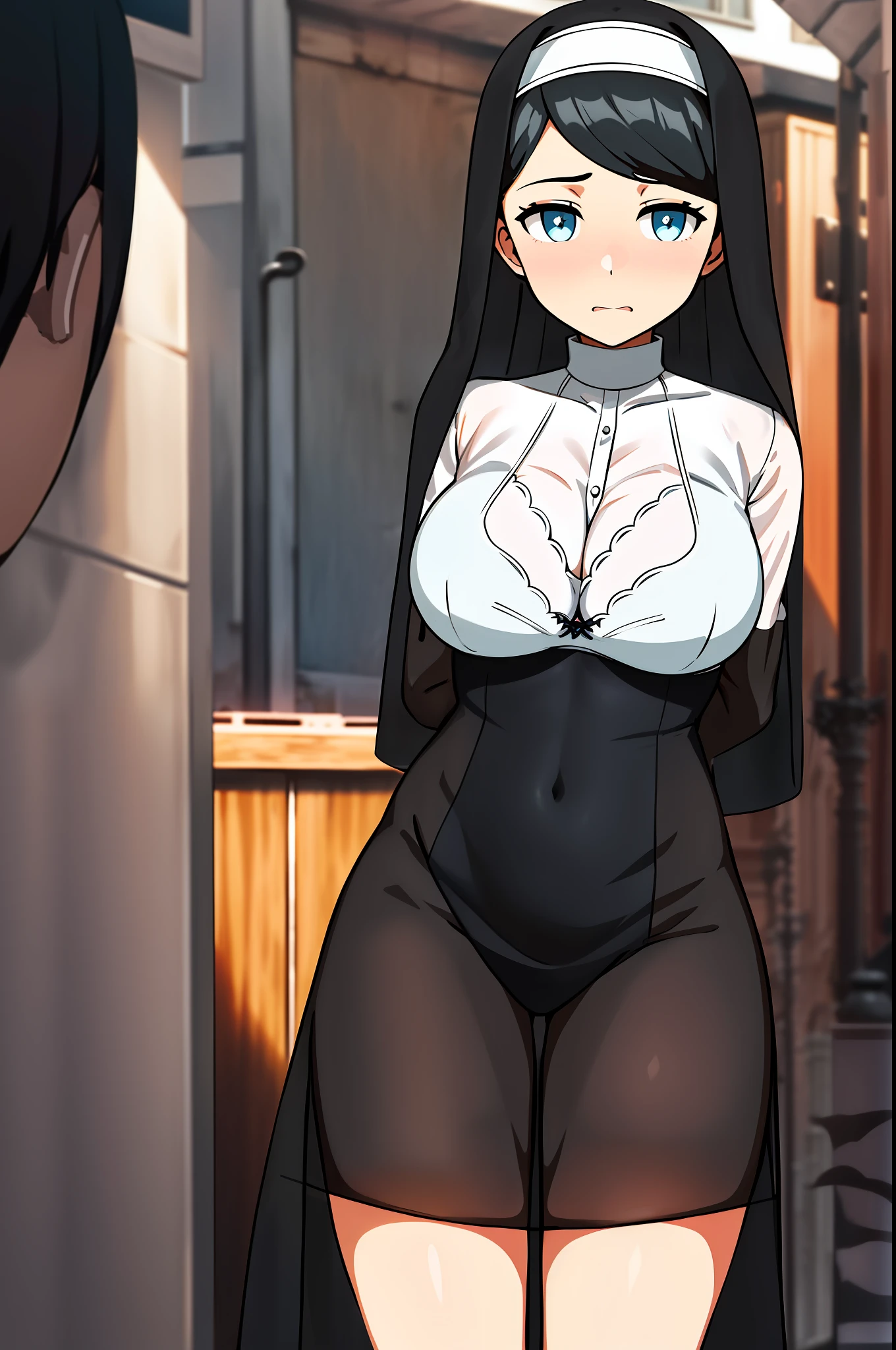 (extremely detailed CG unit 8k wallpaper: 1.1), high resolution, detailed body skin, contrast, color, shadows, street background, 1girl, nun, long black hair, (blue eyes), huge chest, loose breasts, hands on breasts, embarrassed, gothic, transparent clothing, se through clothing, sheer clothing, sheer dress, white bra, da to see the bra, bra exposed, bra leaked,  bra showing, white bra, embarassed, surprised, mouth open, discovering that the bra is showing, very embarrassed, trying to cover the breasts with her hands, ((see-through clothing)), black nun dress