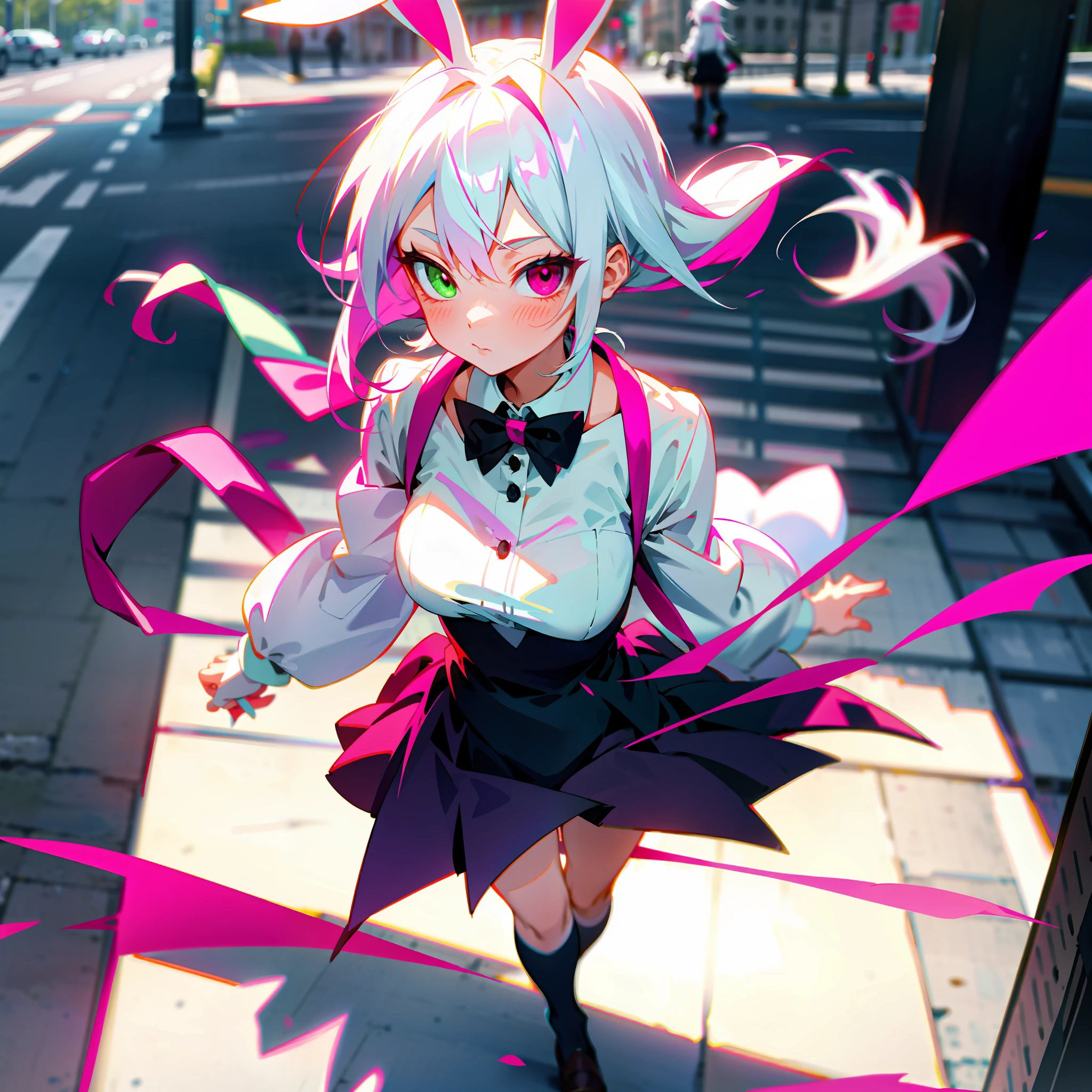 Anime bunny girl teacher with white hair, and magenta-green heterochromia walking down a street