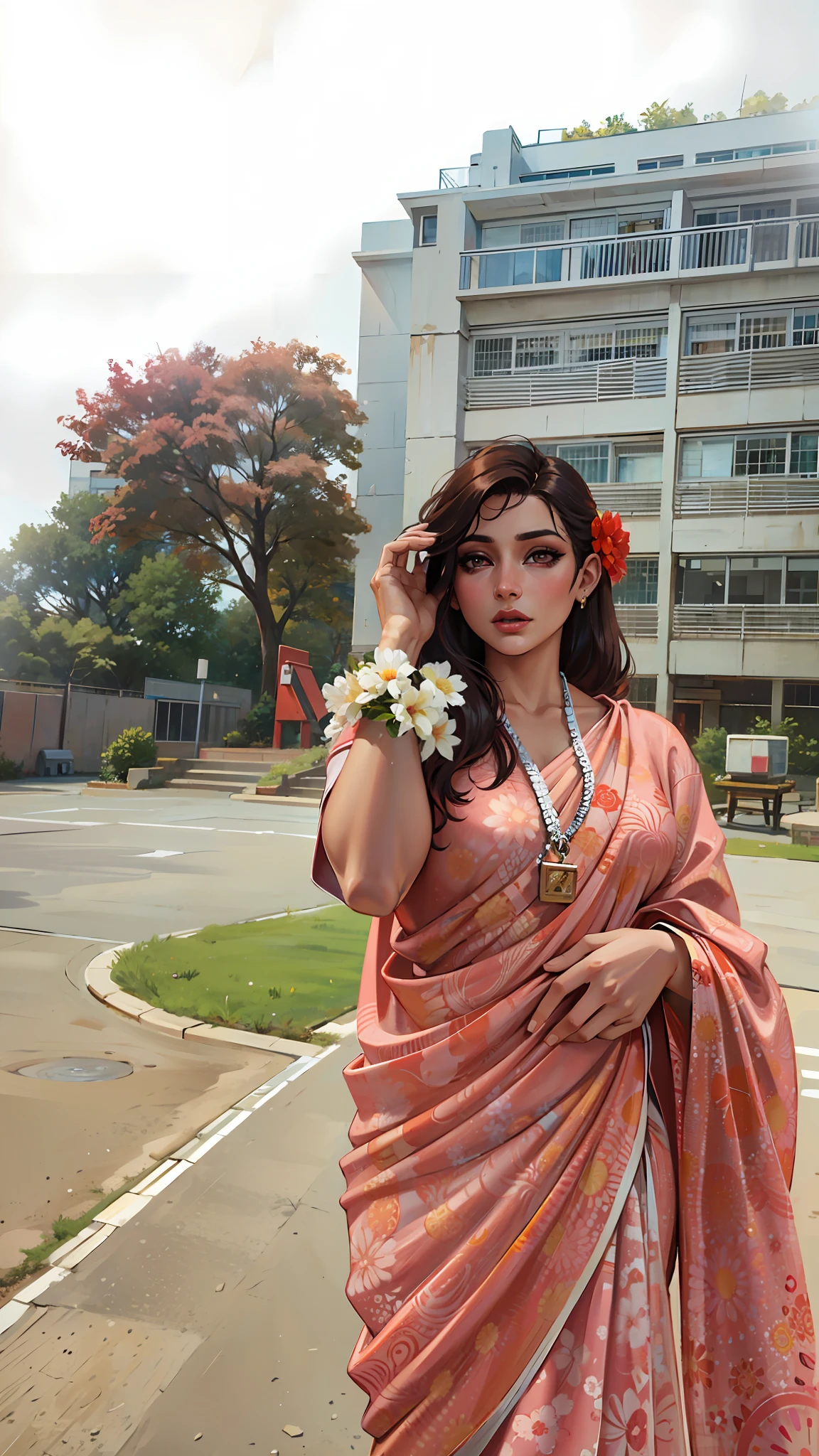 (masterpiece),(best quality:1.0), (ultra highres:1.0), detailed illustration, 8k, anime, 1girl, beautiful anime girl, in a sari, wearing a pink sari, pretty pose, pretty face, detailed face, beautiful eyes, dark red eyes, detailed eyes, red lips, red lipstick, slightly brown hair, pink flower on ear, highlights in hair, standing, red flowers on a tree in the back, open sky with clouds, detailed, intricate, anime style, highly detailed