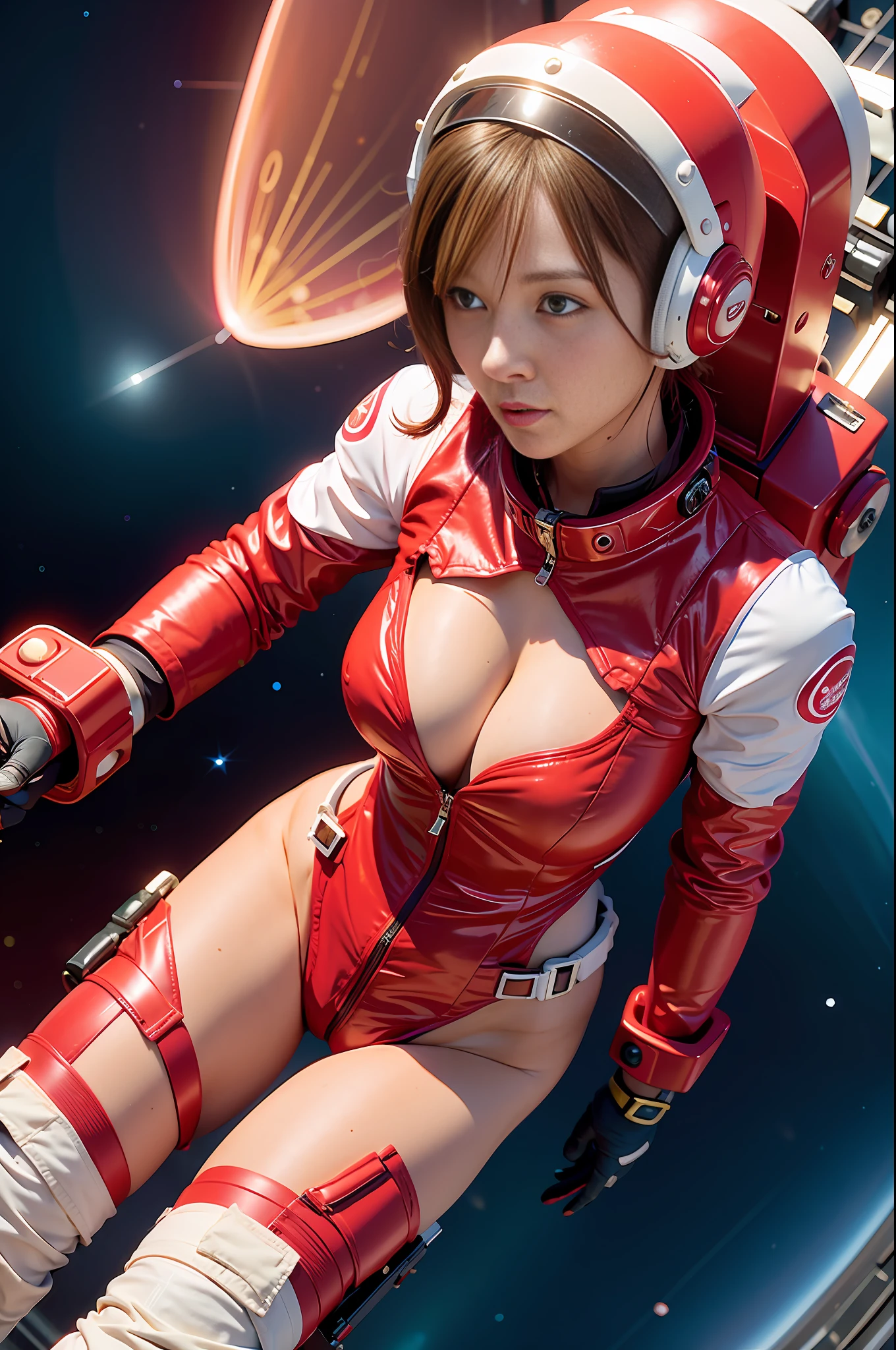 woman wearing sexy red astrosuit and pink helmet, good hand,finely detailed suit, sharp focus, (cinematic lighting), collarbone, night, dynamic angle,flying in outer space