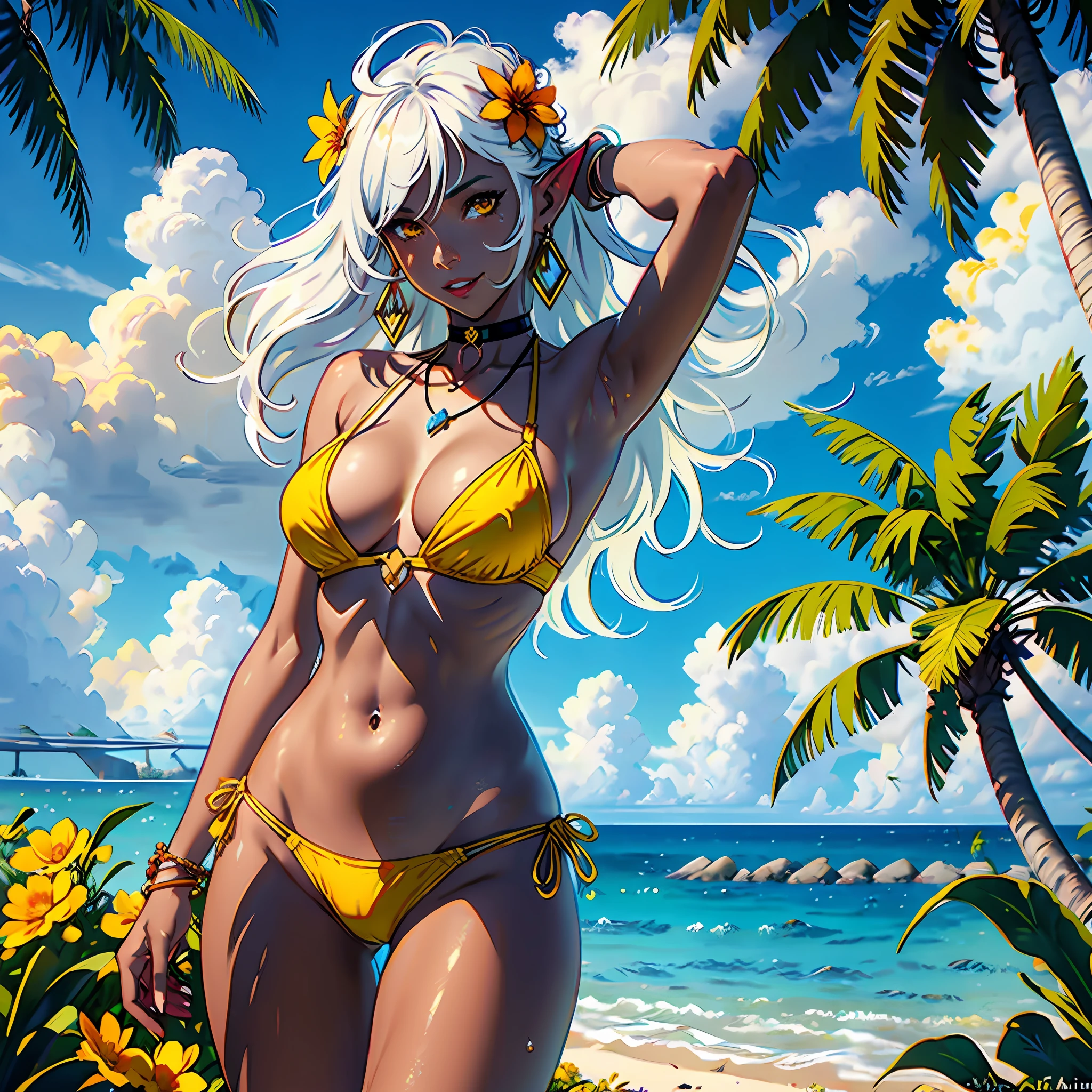 1girl, breasts, solo, dark skin, dark-skinned female, jewelry, long hair, elf, pointy ears, navel, outdoors, large breasts, armpits, tree, smile, flower, tattoo, swimsuit, bikini, looking at viewer, day, dark elf, armlet, necklace, hair ornament, arms up, palm tree, hair between eyes, orange eyes, earrings, white hair, sky, hair flower, cowboy shot, very long hair, bangs, parted lips, stomach, blue sky, arms behind head, choker, cleavage, cloud, yellow bikini, sidelocks, ocean, yellow flower, orange bikini, flower necklace, (slingshot bikini), water, collarbone, topless