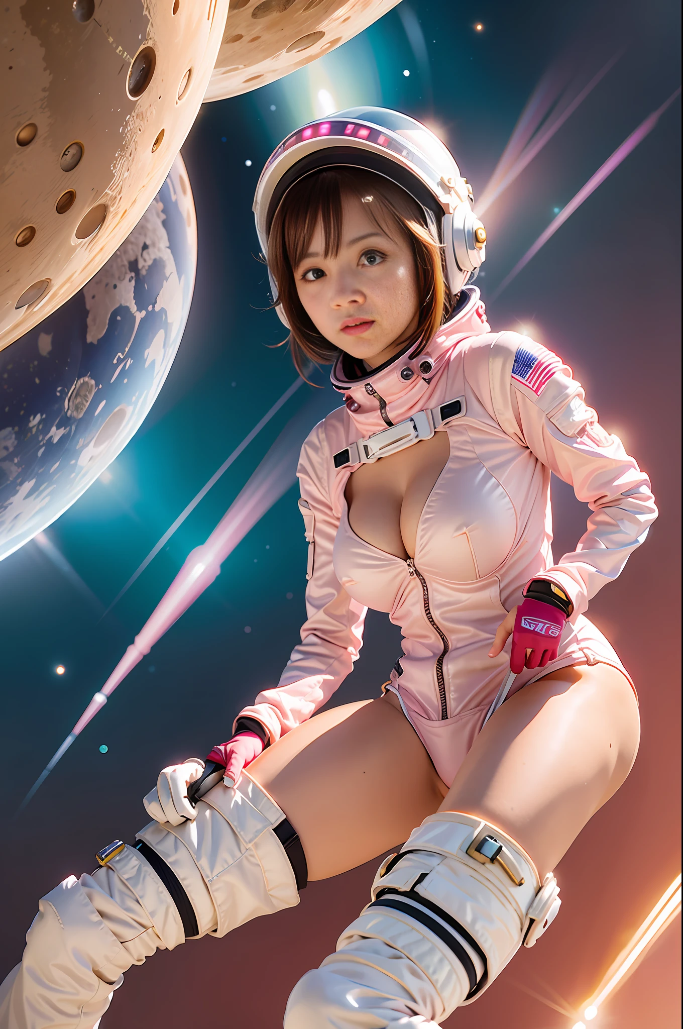 a cute girl wears sexy pink astrosuit with helmet, floating in a space background,masterpiece, best quality, (cinematic lighting), good hand,finely detailed suit, sharp focus,