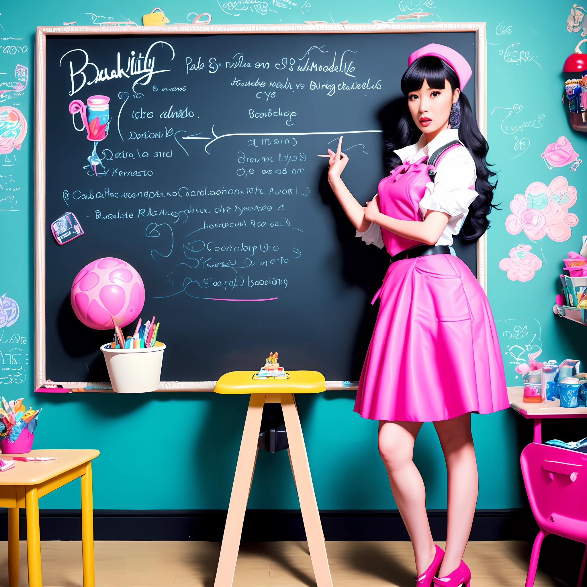 attractive woman [shooter:the bounty hunter:0.4], standing in the classroom at the blackboard (kawaii pro style:1) by the brilliant photographer David LaChapelle