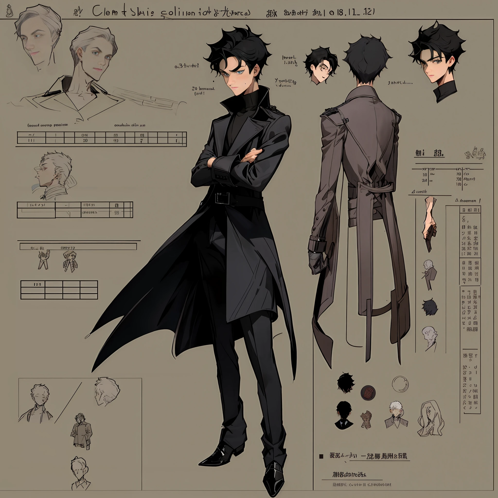 1 boy, character sheet, concept art, (full body, masterpiece: 1.2), (best quality: 1.3), with minimalist black trench coat, insecure pose, with black hair, hides his face, standing, gestures, detailed face, cinematic lighting, ray tracing, three sided view, 360 view, Canon, 8k, super detail, high quality, high details, best quality, masterpiece