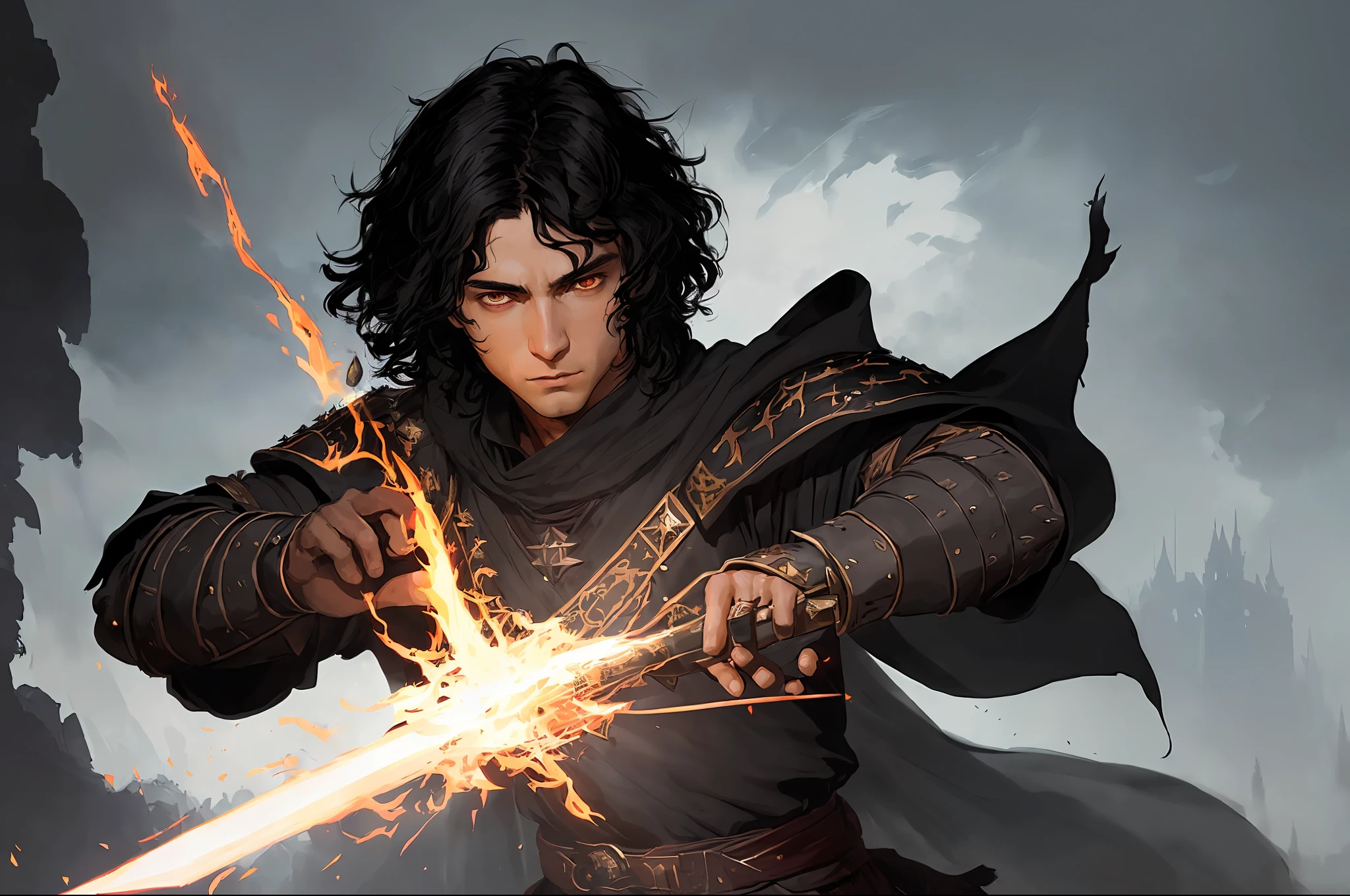 (full portrait of a young medieval hero sorcerer with dark circles and with short black wavy hair and paladin's clothes holding a burning claymore), (innocent feature), (((good detailed eyes)) ultra detailed face, rpg concept art, greg rutkowski art, ruan jia art, Ilya kuvshinov art, darker environment, character sheet,  Ultra Detailed, Ultra Quality