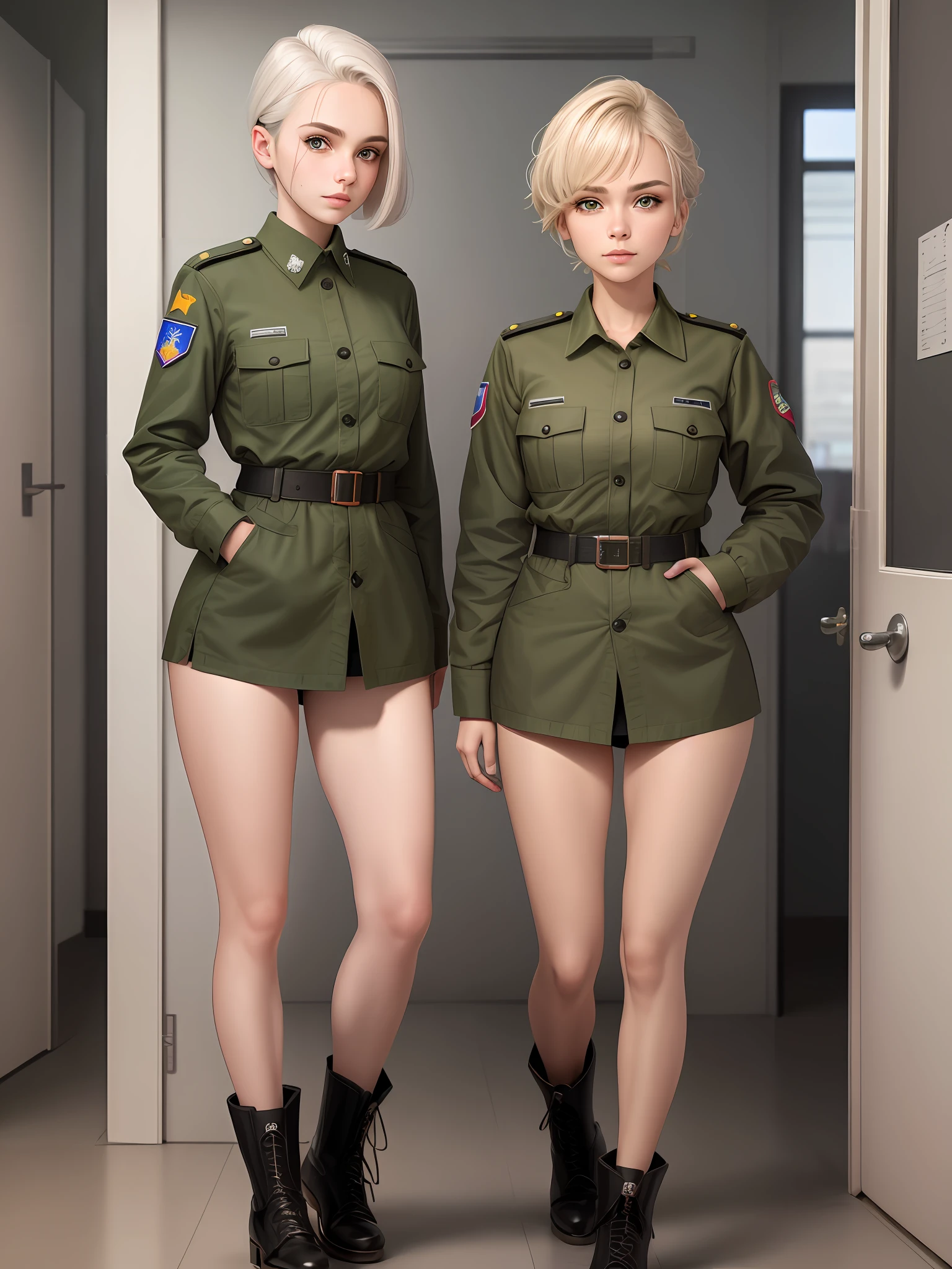 garota, 17 anos, loira, cabelo curto, olhos azuis, uniforme verde, botas de cano alto, sala de escritório, masterpiece, ultra detailed, highest quality photography, 4k quality, best quality, textured skin, anatomically correct, super detail, realistic, realistic eyes, perfect face, perfect eyes, best quality walpapper, colorful, full body