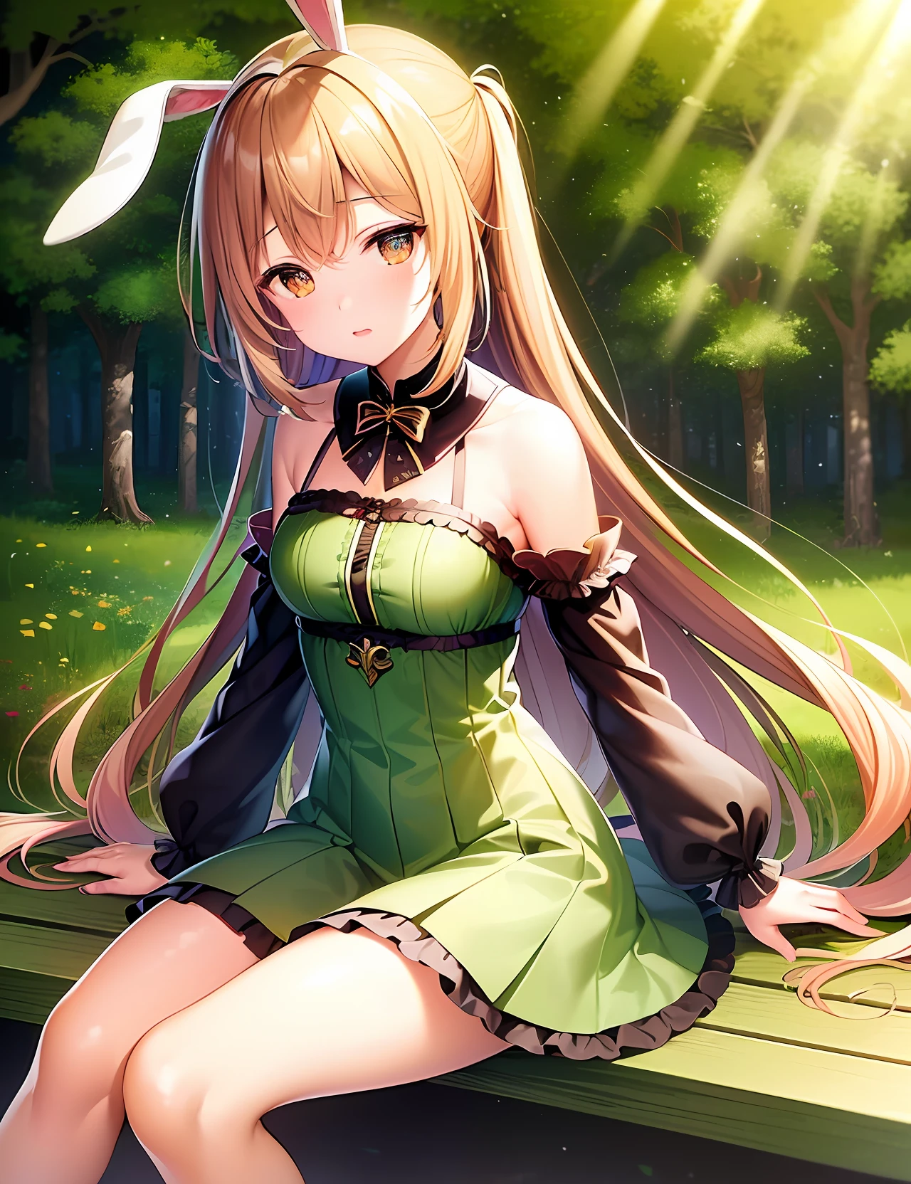 (extremely high quality, stunningly detailed CG portrait of), (1girl) with (cute bunny ears), (sitting on a bench) in a (beautiful and vibrant forest setting) with (gorgeous sunlight streaming through the trees) and (colored leaves dancing in the gentle breeze).