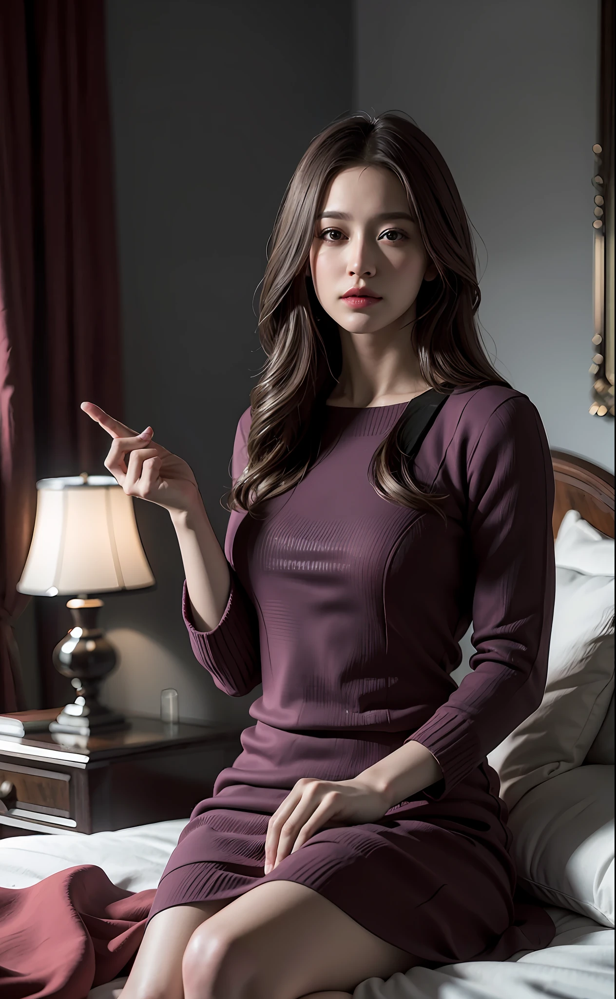 Woman with room, long hair realistic, vivid image, masterpiece, (best quality: 1.2), hyper detail, realistic, hd, high quality, cinematic light, ray tracing, ultra high resolution, UHD, (realistic: 1.5), complex detail, detailed texture, fine detail, high quality shadows, flat lie, bed