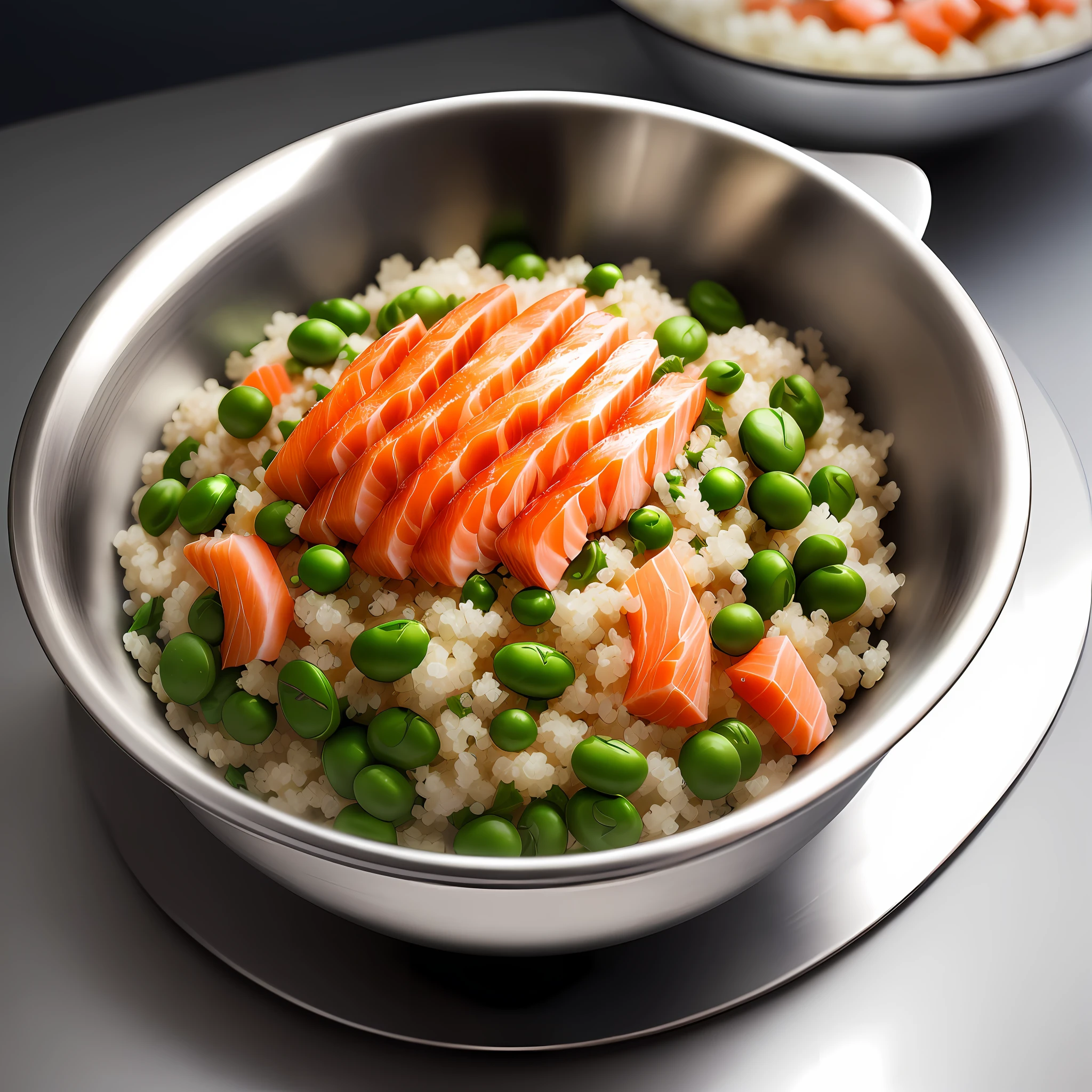 Ultra realistic style, stainless steel bowl with shredded salmon, quinoa, chopped spinach, peas, intricate details, dslr, 100 mm, pets, diffused light, Studio photography, professional advertising, 8k