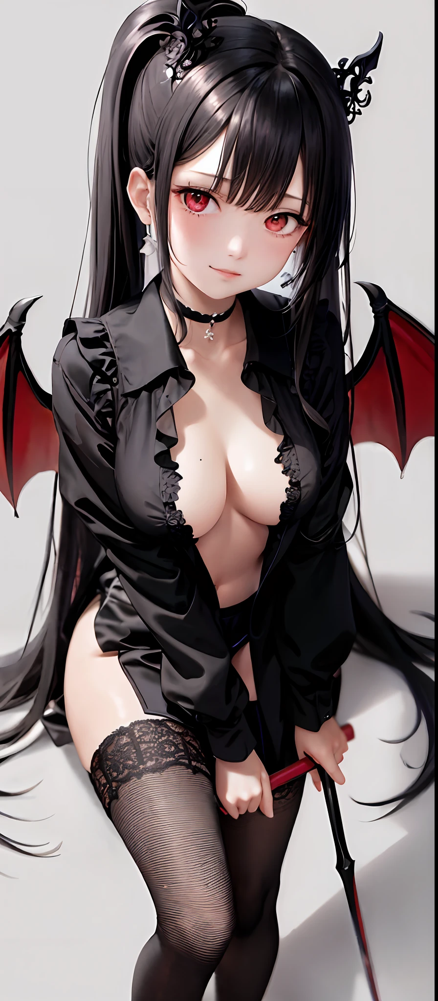 [monochrome: soft color: 0.6] theme, (masterpiece), (best quality), (detailed), light layer, glossy skin, (detailed intricate, stretched clothes, demon wings, hair ornament: 1.2), from above, black hair, black choker, long hair, hime cut, straight bangs, side locks, red eyes, holding staff, holding scythe, holding sword, (mature female: 1.1), [uncensored, NSFW,, (lactation), side ponytail BREAK (single bottom:1.1),  Chizuru Mizuhara