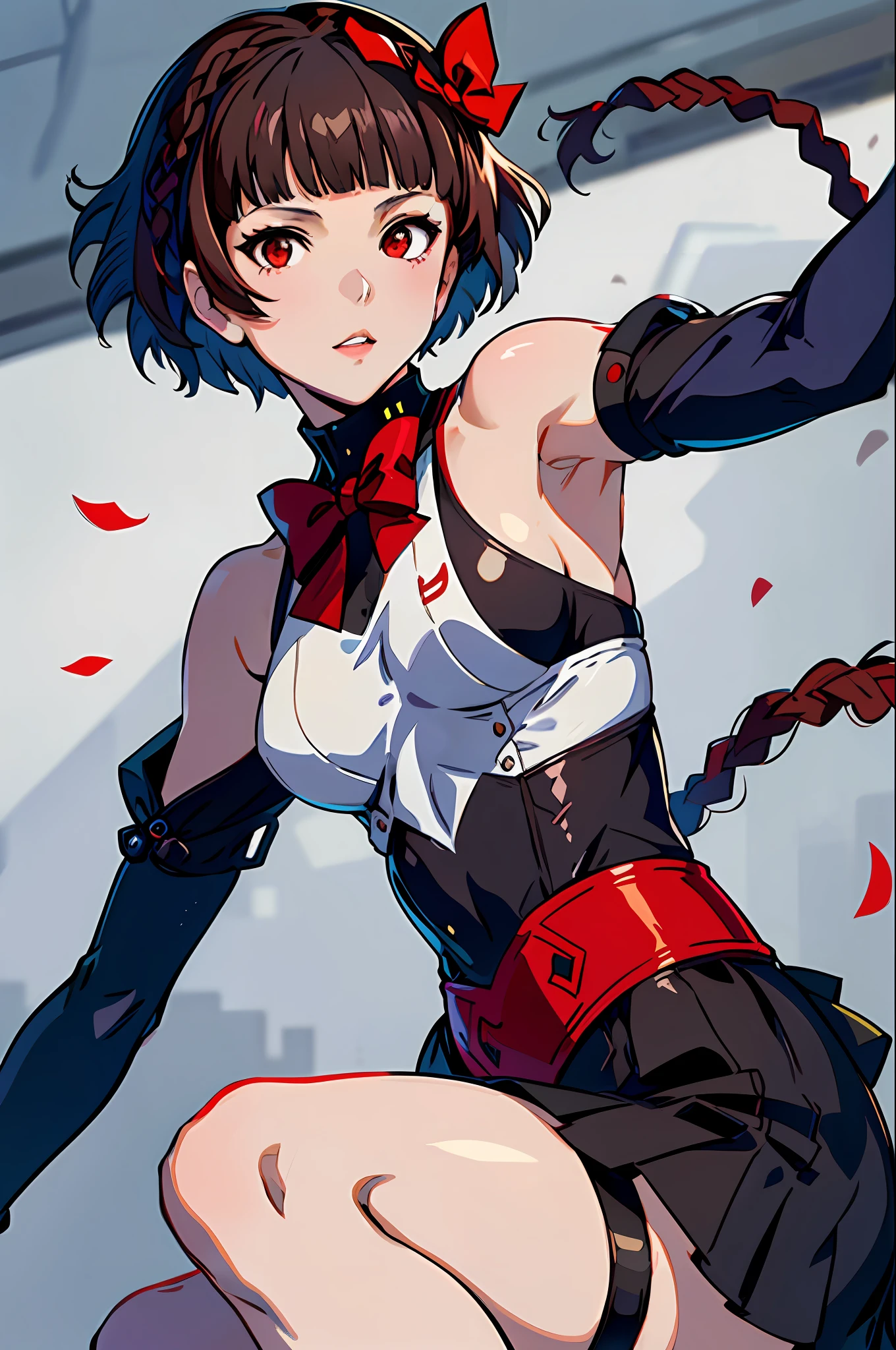 Solo, Makoto_Niijima (from persona 5, 1female, white skin, Japanese, red eyes, short brown hair, braid like a hairbow on top of hair, small boobs) taking a cute photo on the street, high-school uniform. ((masterpiece), best quality, ultra high resolution)