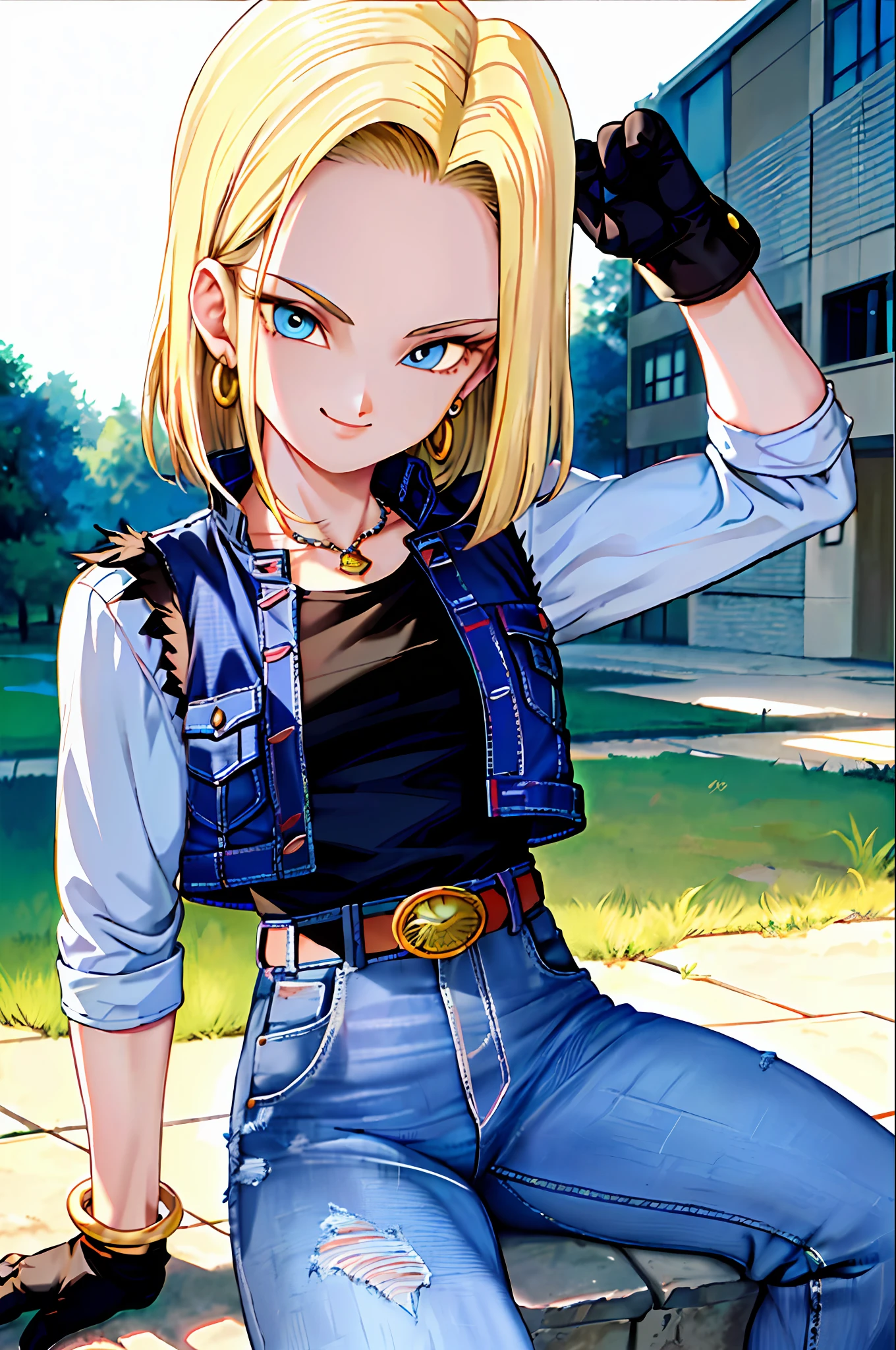 masterpiece, best quality, ultra-detailed, absurd, portrait of cute android18db, realistic face, solo, earrings, jewelry, jeans, smile, belt, vest, pants, outdoor, gloves, necklace, jeans, rock, sitting, volumetric lighting, best quality, masterpiece, intricate details, tonemapping, sharp focus, hyper detailed