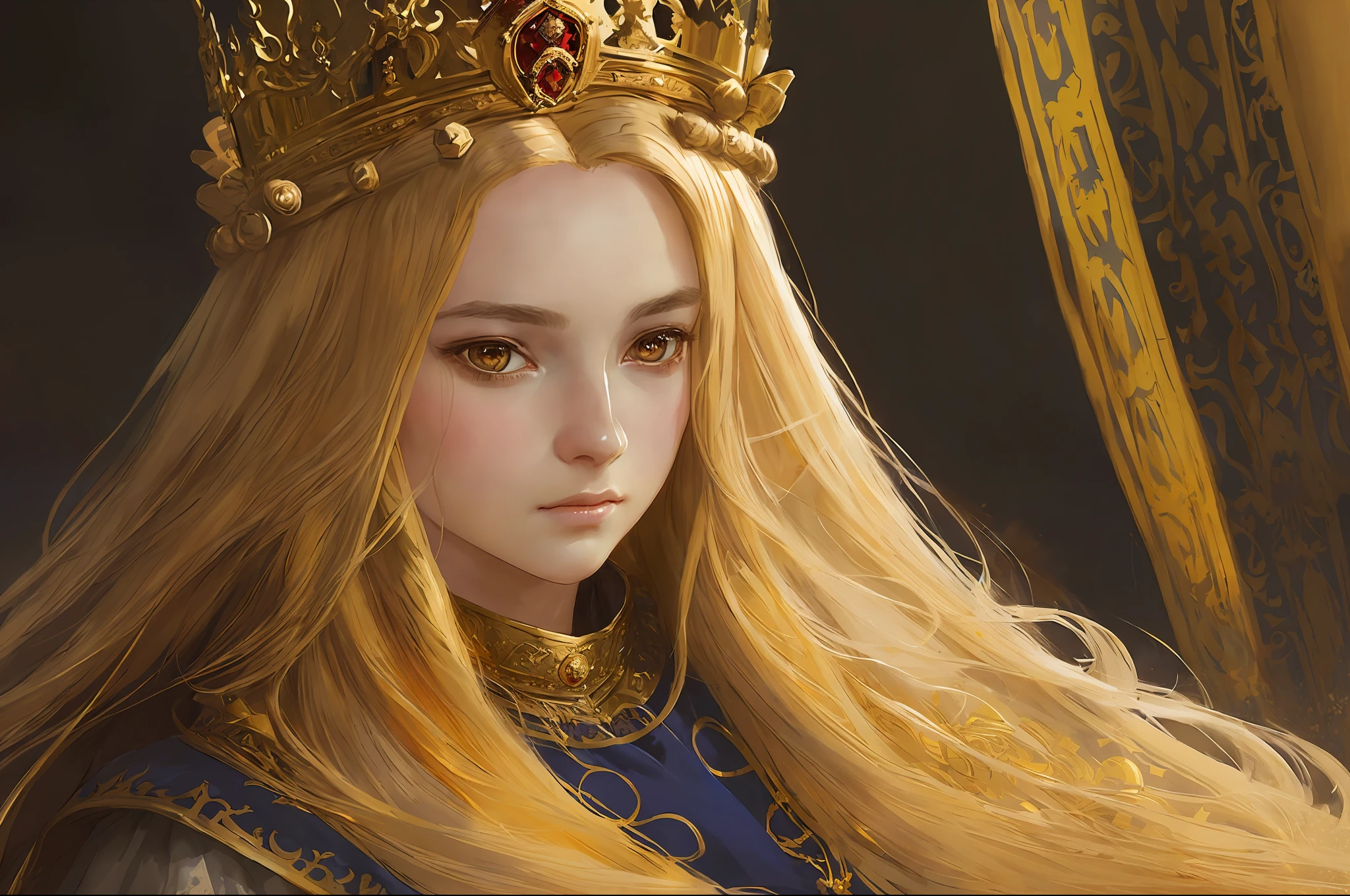 (full portrait of a young medieval princess with big straight golden hair and royal clothes), (very beautiful), (Noble),((good detailed eyes)) ultra detailed face, rpg concept art, greg rutkowski art, ruan jia art, Ilya kuvshinov art, darker environment, character sheet, ultra detailed, Ultra Quality