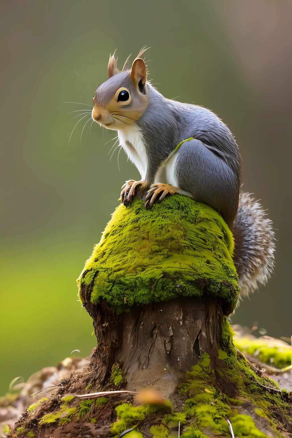 single squirrel perched on top of an anthill large black ants crawling up the anthill surrounded by acorns and moss patches isolated imagery