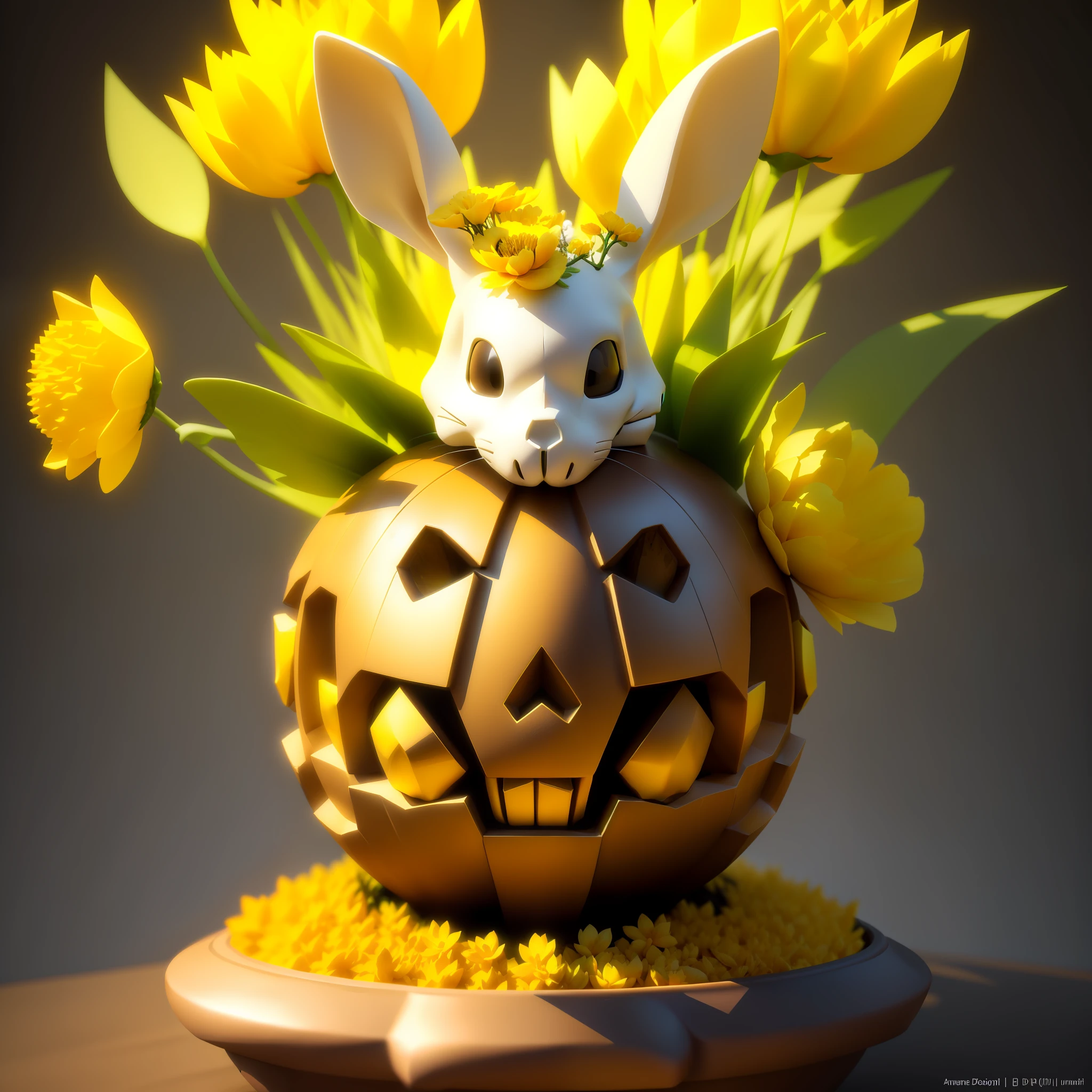 sphere anthill, bunny head skull smiling as a statue, with yellow petals and leaves , on top of head, high resolution, game design, 3D