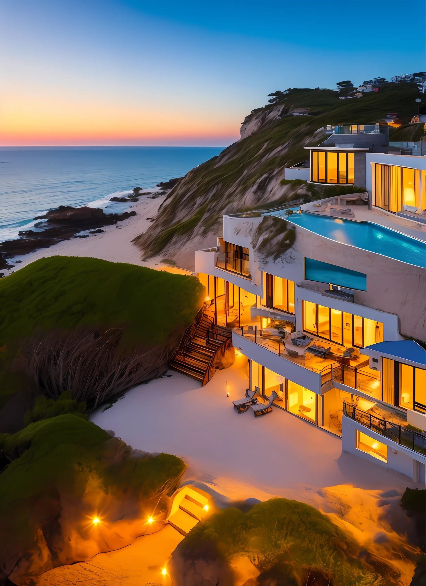 a beautiful house on the beach, high on a cliff, overlooking the sea, during sunset, golden sunset hour, masterpiece, high definition, masterpiece, 32k, 78.5k, UHD, HD