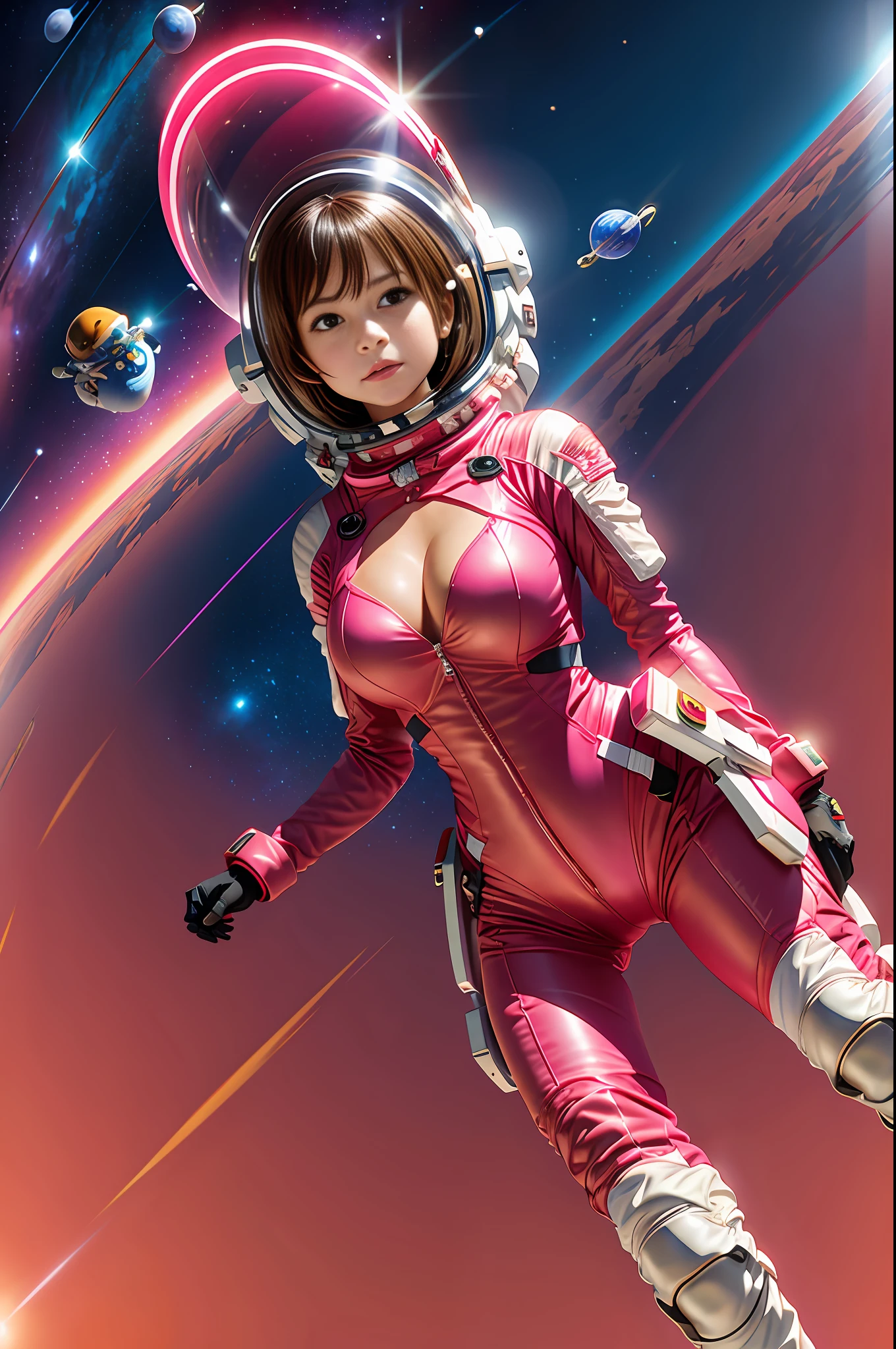 a  cute girl wears sexy pink astrosuit with helmet,(floating in a space background:1.2):1.5,masterpiece, best quality, (cinematic lighting), good hand,finely detailed suit, sharp focus,slim body,big breasts,sharp face