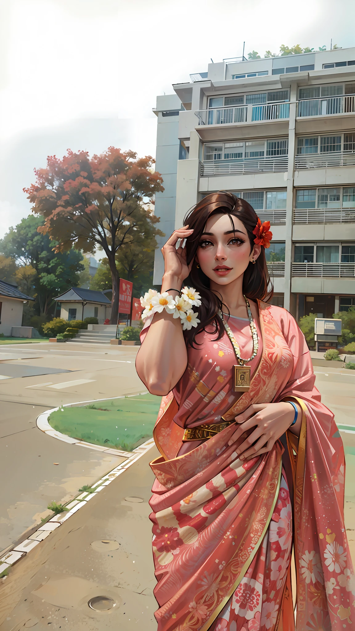 (masterpiece),(best quality:1.0), (ultra highres:1.0), detailed illustration, 8k, anime, 1girl, beautiful anime girl, in a sari, wearing a pink sari, pretty pose, pretty face, smiling, detailed face, beautiful eyes, detailed eyes, red lips, red lipstick, slightly brown hair, pink flower on ear, highlights in hair, standing, red flowers on a tree in the back, open sky with clouds, detailed, intricate, anime style, highly detailed