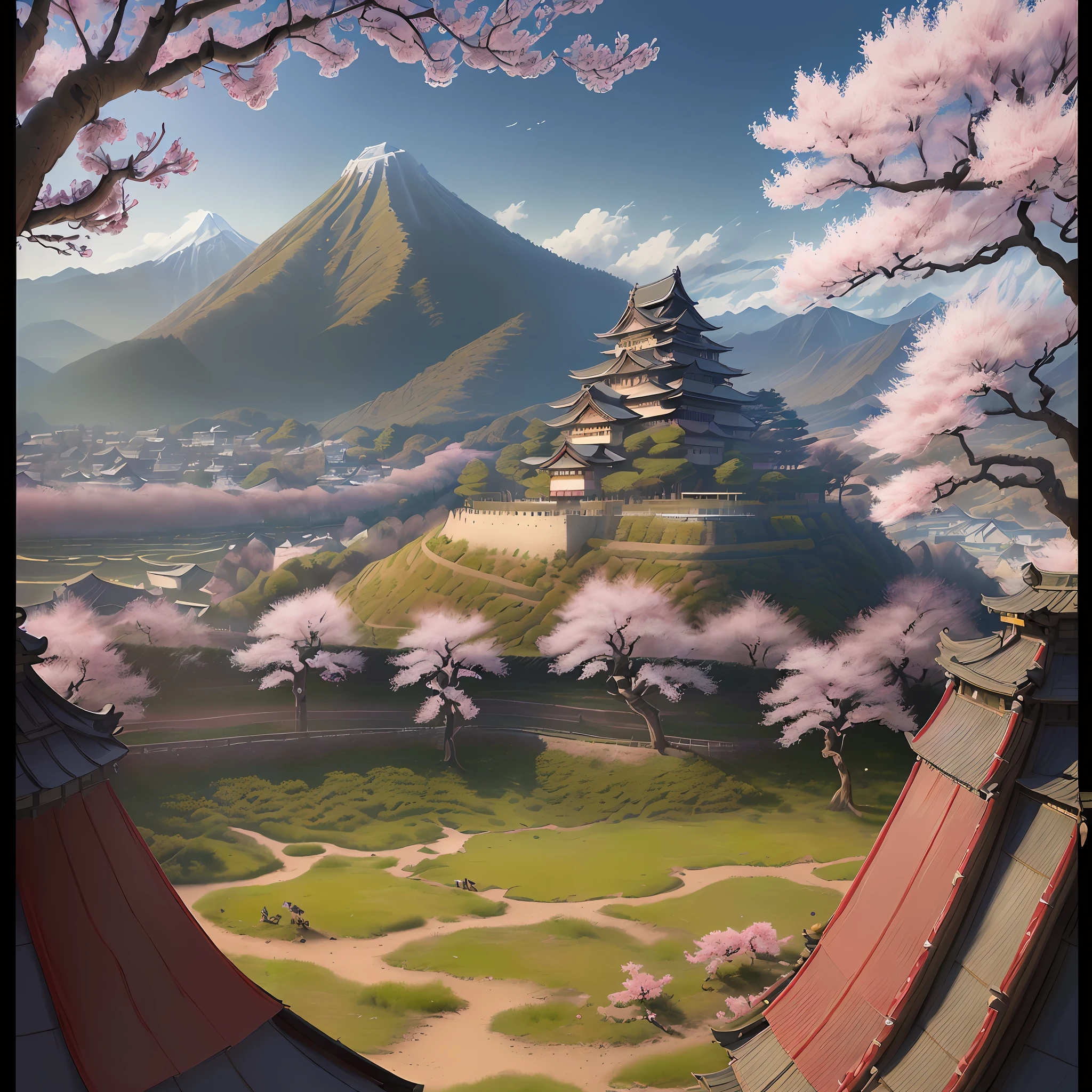 (best quality, masterpiece), ((very realistic)), ((medieval Japanese)), ((very detailed)), ((photographic realism)), ((close to hyperrealism)), ((8K frame)), ((dynamic scene)), ((wide view)), ((sky in the background)), ((mountainous landscape)), ((Japanese tents)), ((well-defined shadows)), ((ruined palace in the background)), ((depth of field effect)), ((strengthening of colors)), ((cherry blossoms)), ((some leaves in the foreground)).