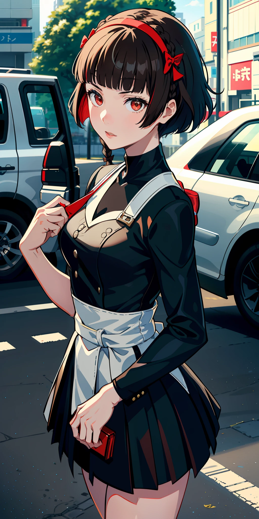Solo, Makoto_Niijima (from persona 5, 1female, white skin, Japanese, red eyes, short brown hair, braid like a hairbow on top of hair, small boobs) taking a cute photo on the street, high-school uniform. (finely detailed beautiful eyes: 1.2), anime, shadow, depth of field, (masterpiece: 1.2), (best quality), 4K, high detail, anatomically correct