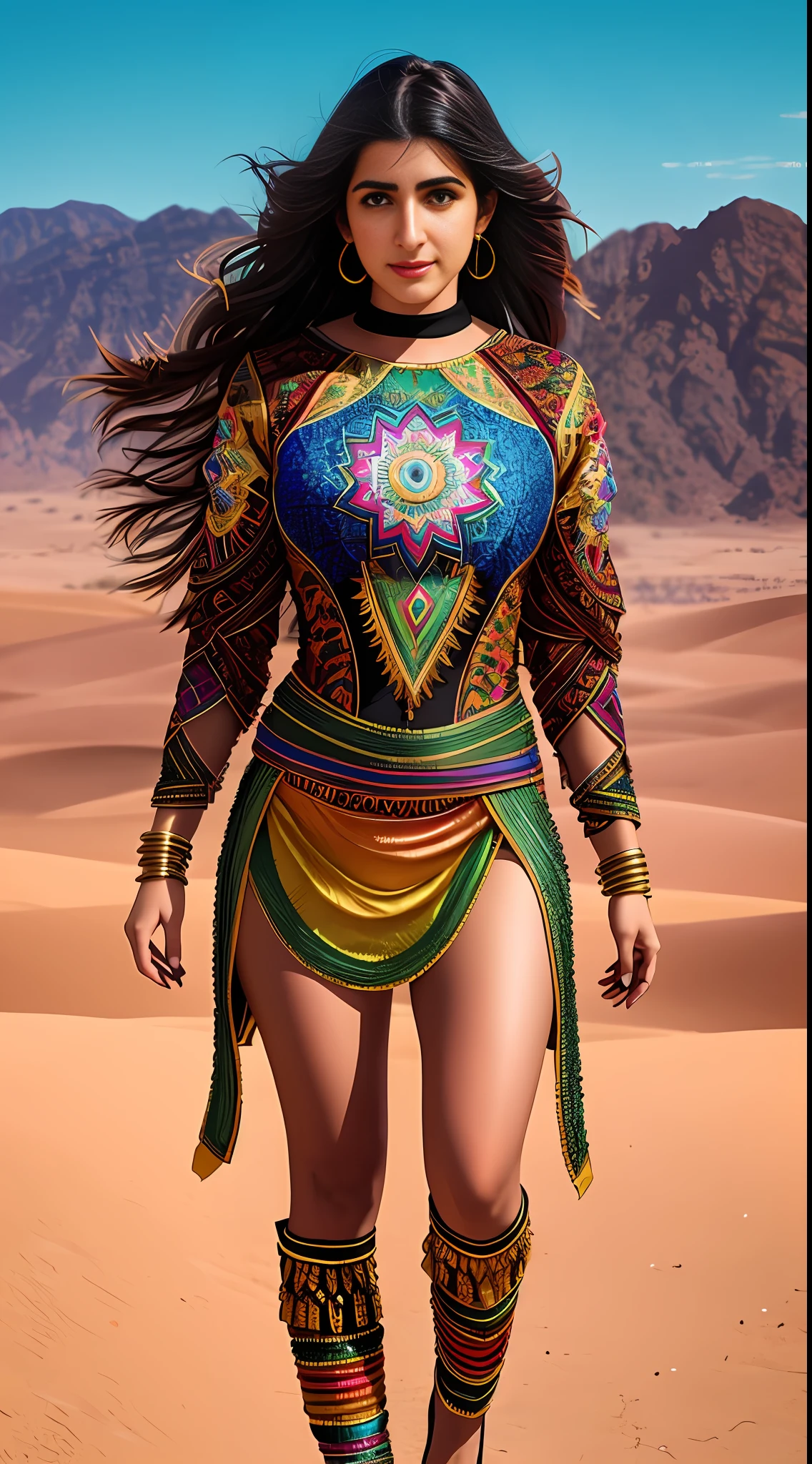 create luciana zogbi in Full body photography of the most beautiful artwork in the world, a beautiful woman in intricate costume burning in the desert, rainbow colors, ArtStation, CGSociety, complex, high detail, clear focus, dramatic, realistic pictorial art trends Greg Rutkovsky