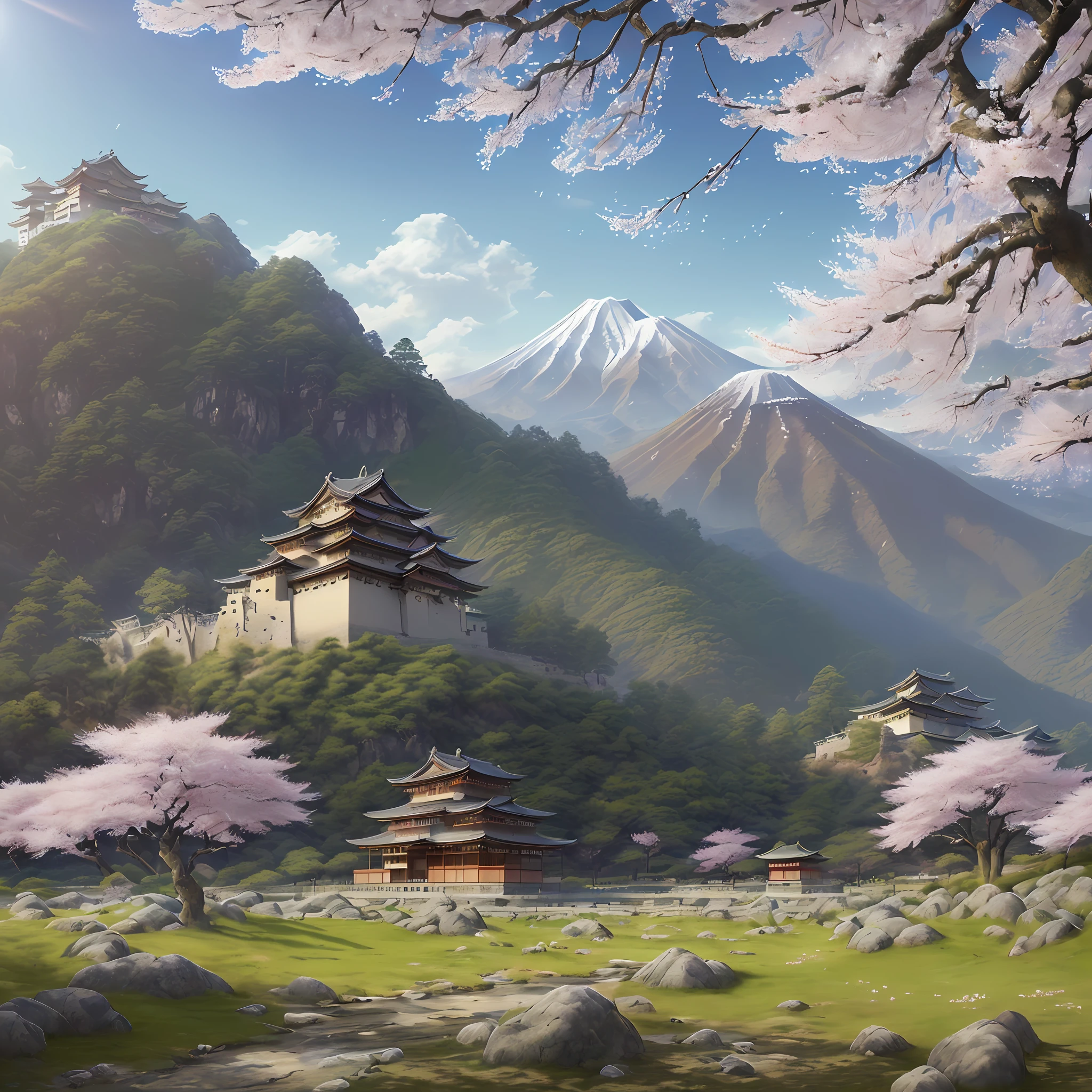 (best quality, masterpiece), ((very realistic)), ((medieval Japanese)), ((very detailed)), ((photographic realism)), ((close to hyperrealism)), ((8K frame)), ((dynamic scene)), ((wide view)), ((sky in the background)), ((mountainous landscape)), ((Japanese tents)), ((well-defined shadows)), ((ruined palace in the background)), ((depth of field effect)), ((strengthening of colors)), ((cherry blossoms)), ((some leaves in the foreground)).