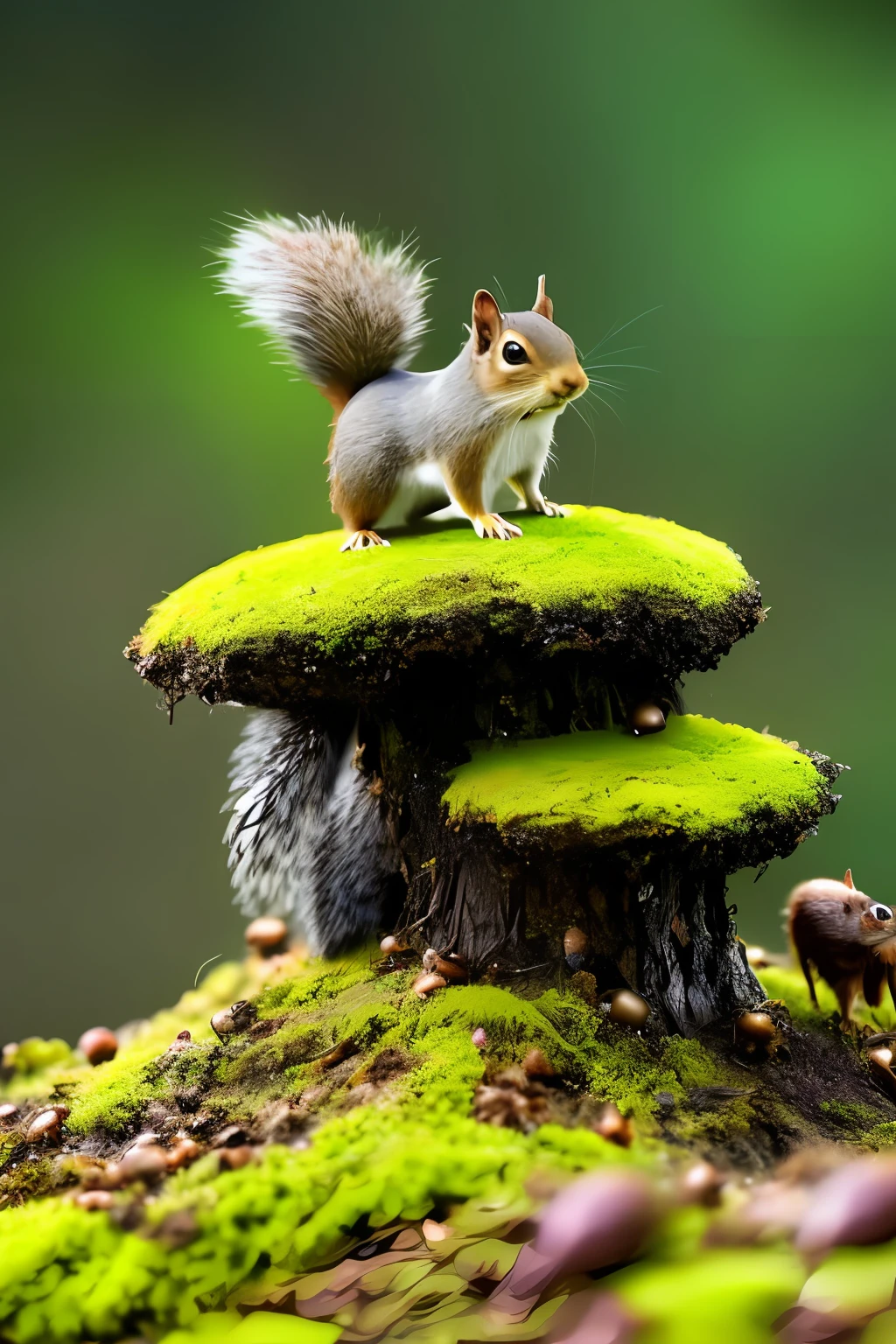 single squirrel perched on top of an anthill large black ants crawling up the anthill surrounded by acorns and moss patches isolated imagery-whimsical fantasy