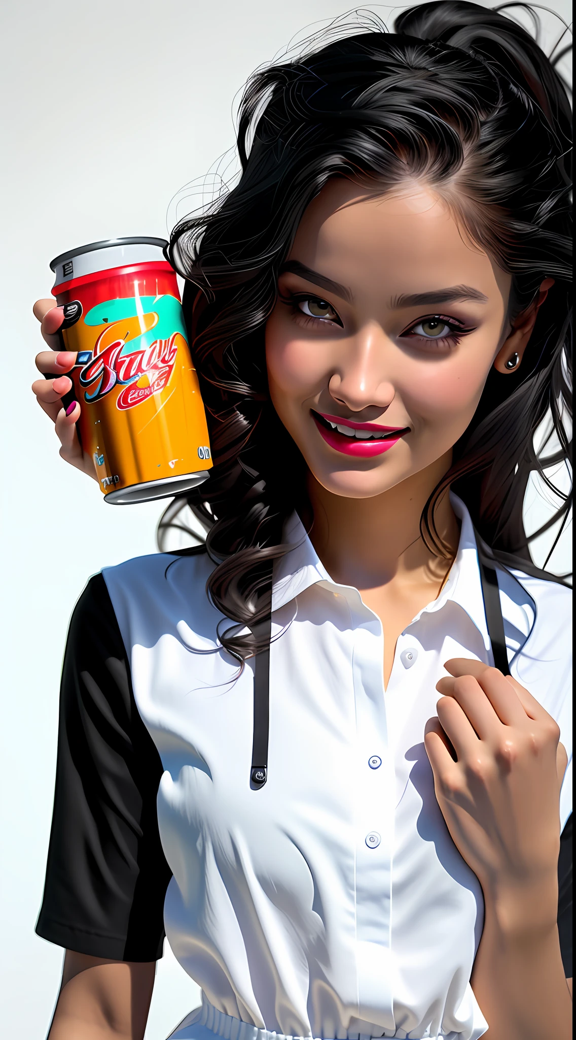 Best quality, realistic, award-winning illustration, (complicated detail: 1.2), (fine detail), (complicated detail), (cinematic lights, best quality), sharp lines, sharp focus, official art, 16k, A beautiful woman smiling, perfect face, (detailed face: 1.2), (medium soft black hair), (messy hair), wearing lipstick, (medium body: 1.3), wearing black and orange cap, splash graphite background, splash dulce de leche, (holding a can of candy:  1.3), a beautiful young boss, wearing black apron with orange, wearing jeans, character design by Tibor Czorba, winner of the contest behance, les nabis, behance hd, studio photography, 16k, white background.