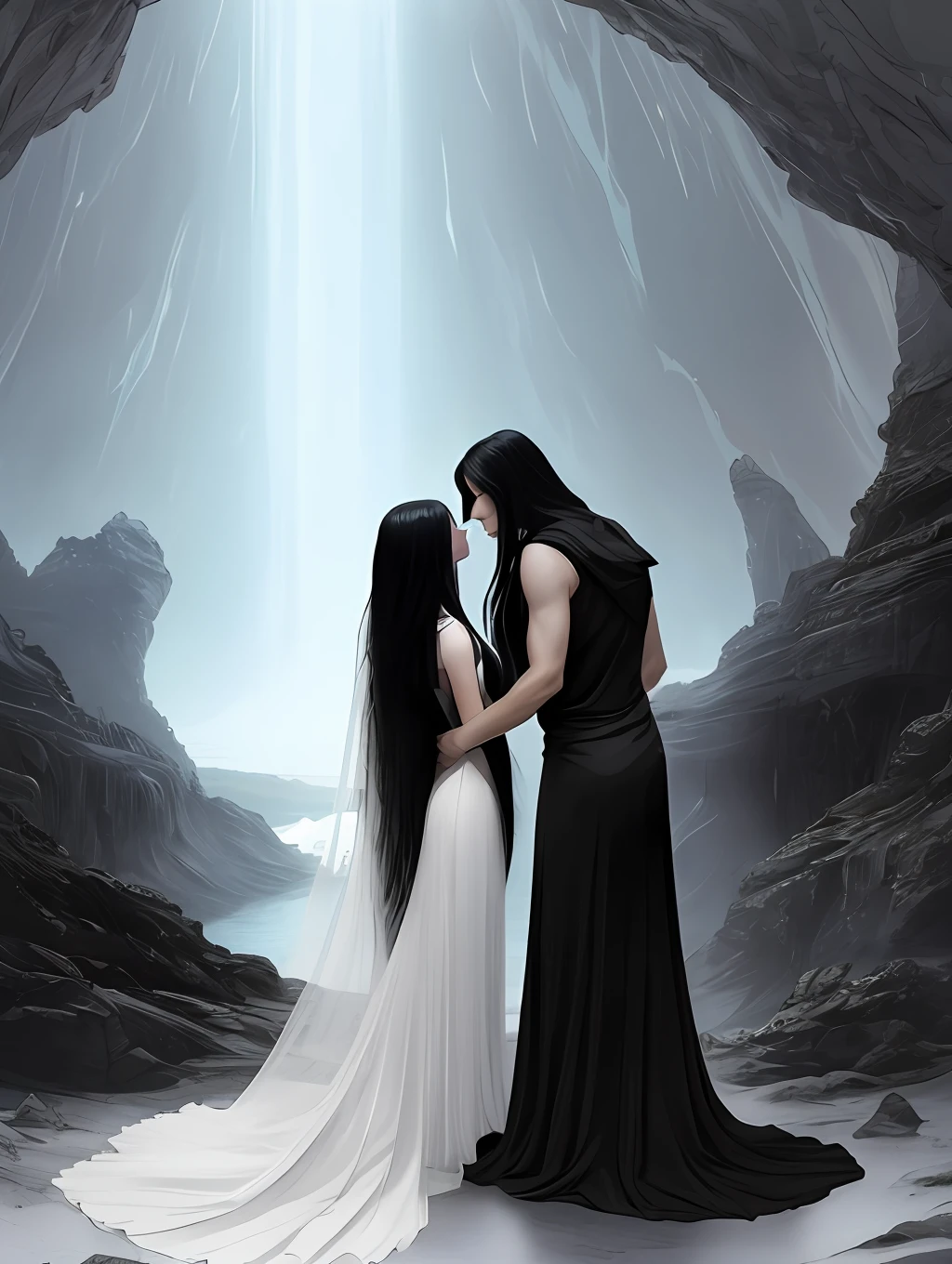 A surreal and ethereal landscape of Hades and Persephone, with Hades' long black hair and Beautiful perfect face, Strong and perfect body, And without clothes , and Persephone's blonde hair and perfect face, as they stand in a dreamlike embrace in the depths of the underworld, All Detailed rendering, face detailed rendering, Realistic, perfect rendering, High resolution, 8k