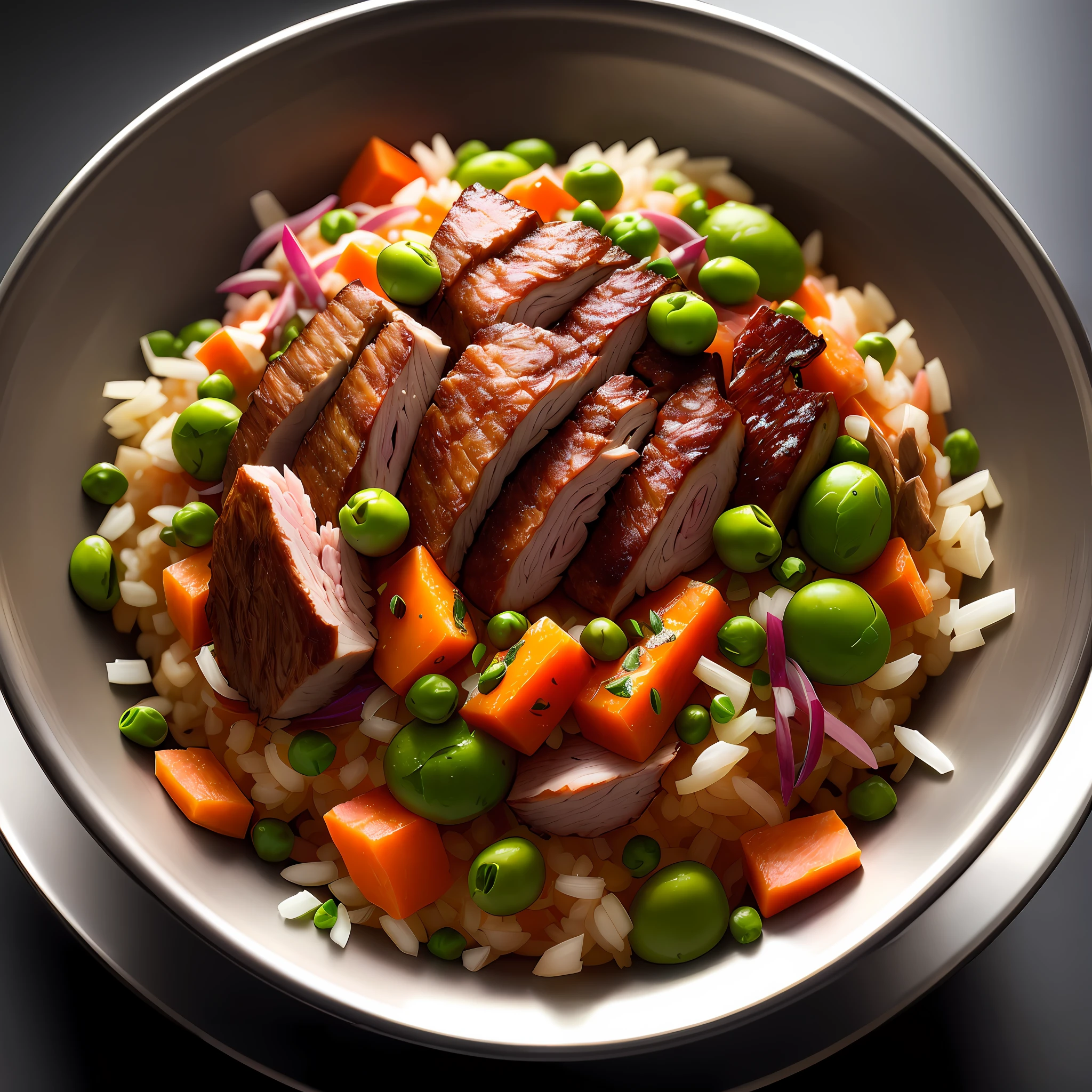 Ultra realistic style, stainless steel bowl with shredded lamb meat, chopped spinach, chopped sweet potato, peas, intricate details, dslr, 100 mm, pets, diffused light, Studio photography, professional advertising, 8k