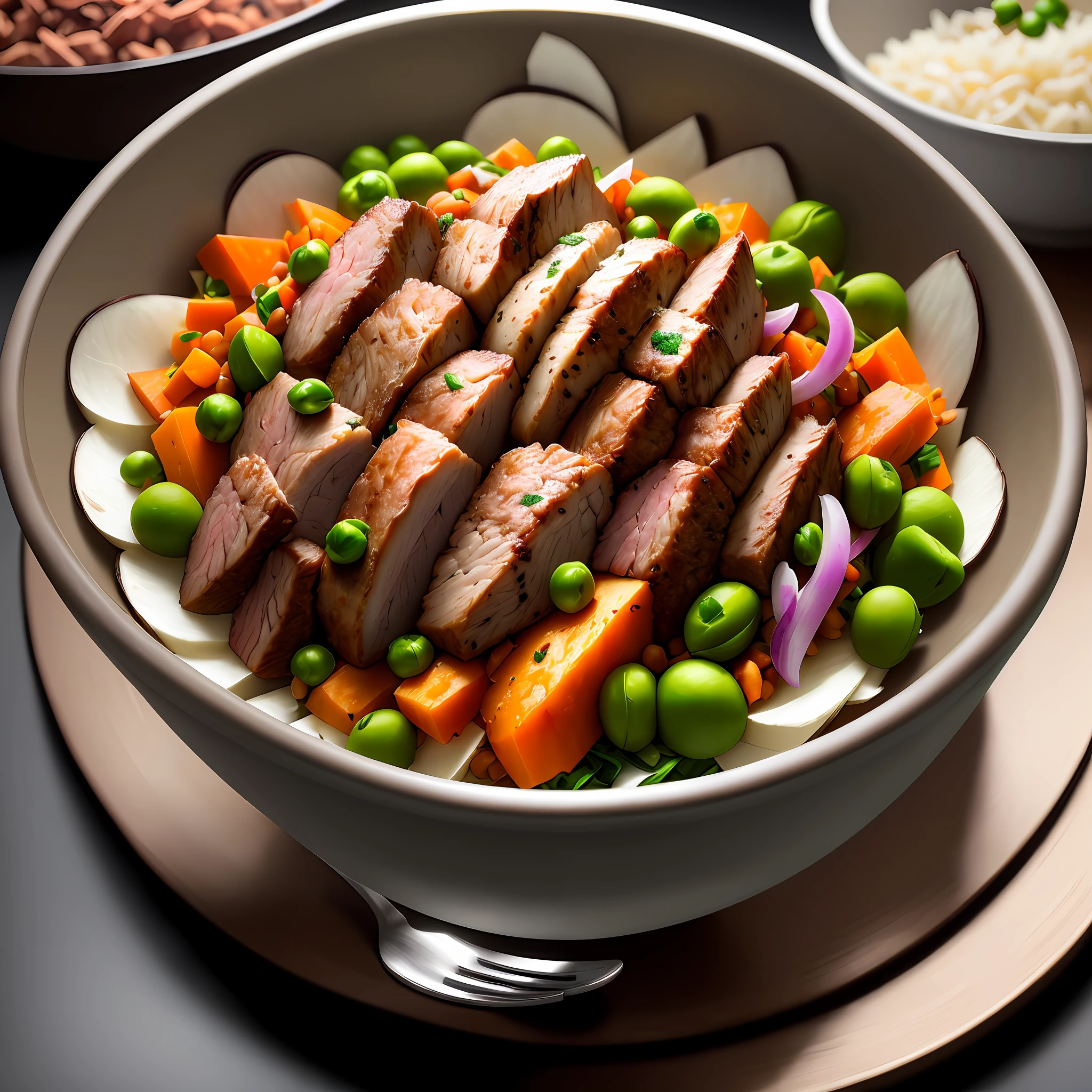 Ultra realistic style, stainless steel bowl with shredded lamb meat, chopped spinach, chopped sweet potato, peas, intricate details, dslr, 100 mm, pets, diffused light, Studio photography, professional advertising, 8k