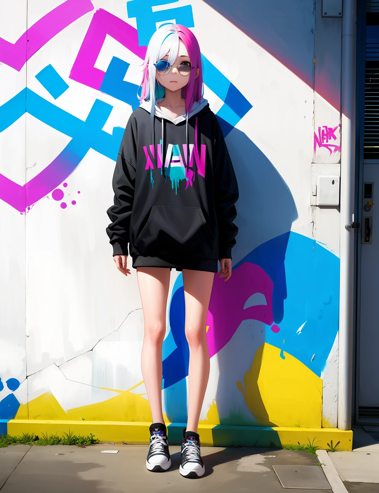 /imagine prompt: A beautiful girl with long colored hair, album cover, graffiti art --q 1.4 --uplight