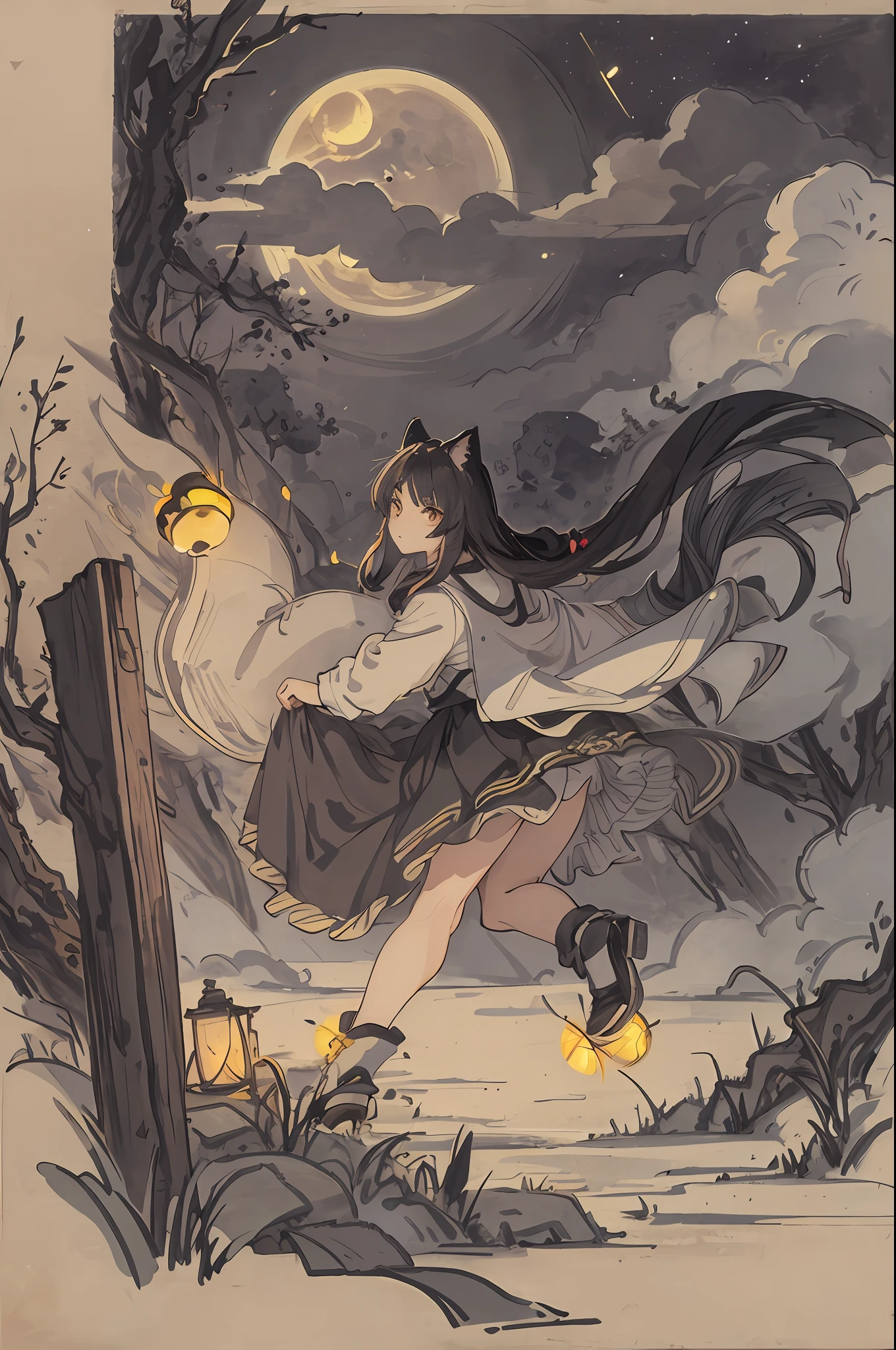 masterpiece, best quality, night, hill, clouds, full moon, long hair, woman, silhouette, fireflies, kitten