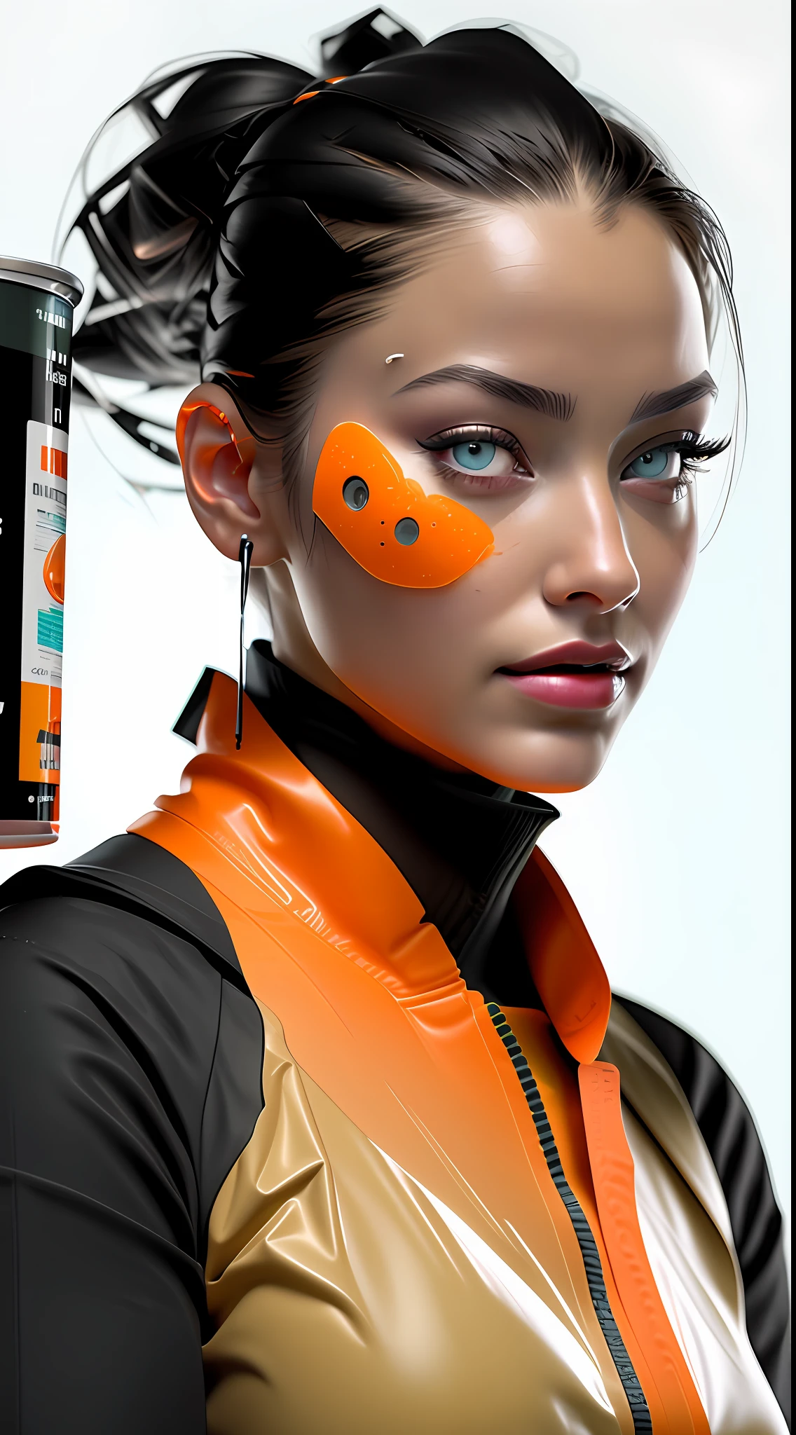 Best quality, realistic, award-winning illustration, (complicated detail: 1.2), (fine detail), (complicated detail), (cinematic lights, best quality), sharp lines, sharp focus, official art, 16k, ultra detailed complex 3d rendering of a beautiful porcelain profile woman android face, cyborg, robotic parts, wearing black and orange cap, splash graphite background, splash dulce de leche, (holding a can of candy:  1.3), anatomical, facial muscles, electrical cables, microchip, wearing black apron with orange, wearing jeans, octane rendering, H. R. Giger style, studio photography, 16k, white background.