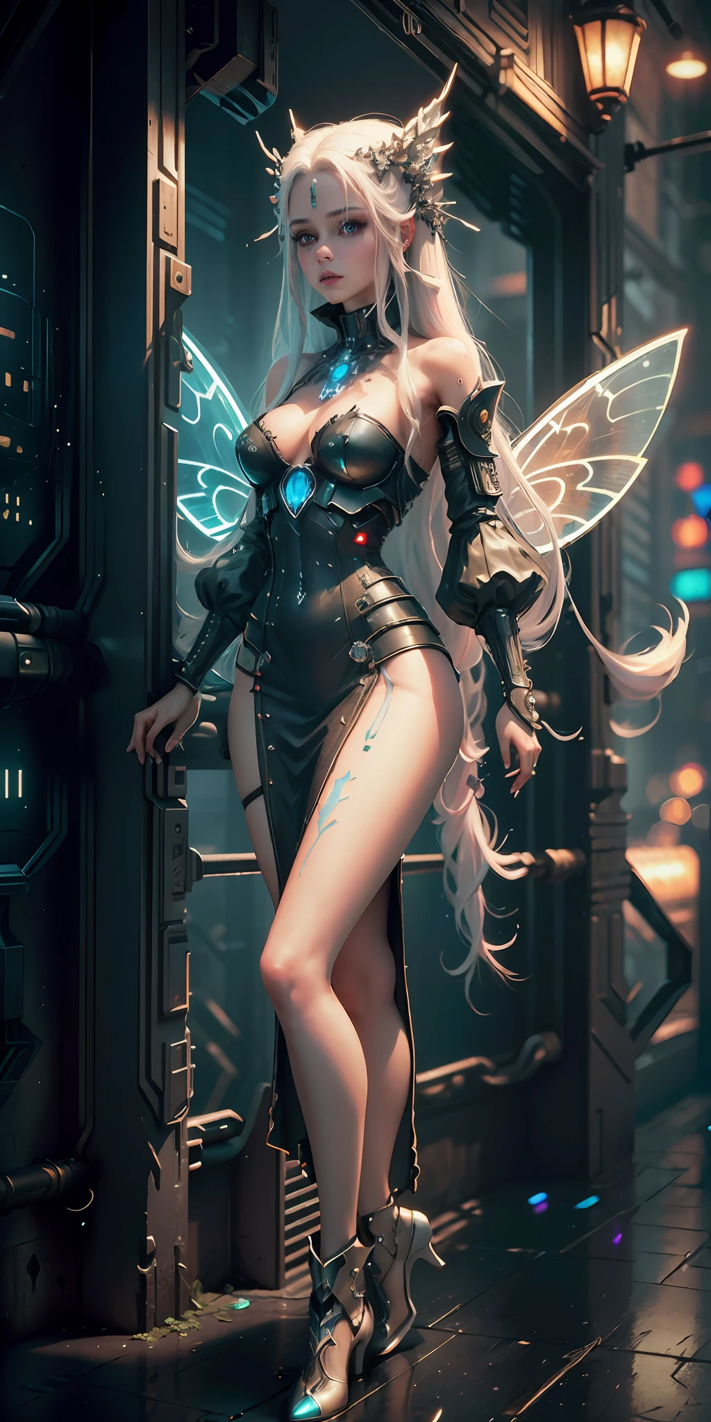 ((Best quality)), ((masterpiece)), (detailed: 1.4), 3D, cyberpunk, a beautiful fairy with long white hair