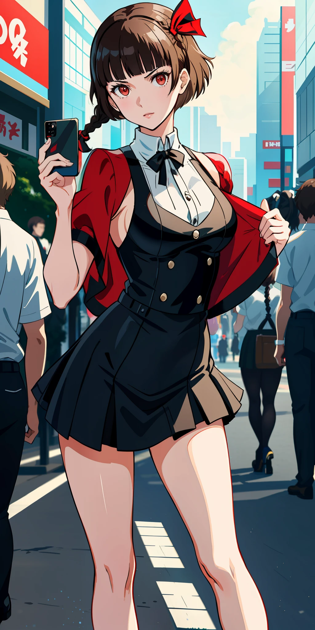 Solo, Makoto_Niijima (from persona 5, 1female, white skin, Japanese, red eyes, short brown hair, braid like a hairbow on top of hair, small boobs) taking a picture on the street, sexy one-piece high school uniform. (finely detailed), anime, best shadows, depth of field, (masterpiece), (best quality), 4K, high detail, anatomically correct