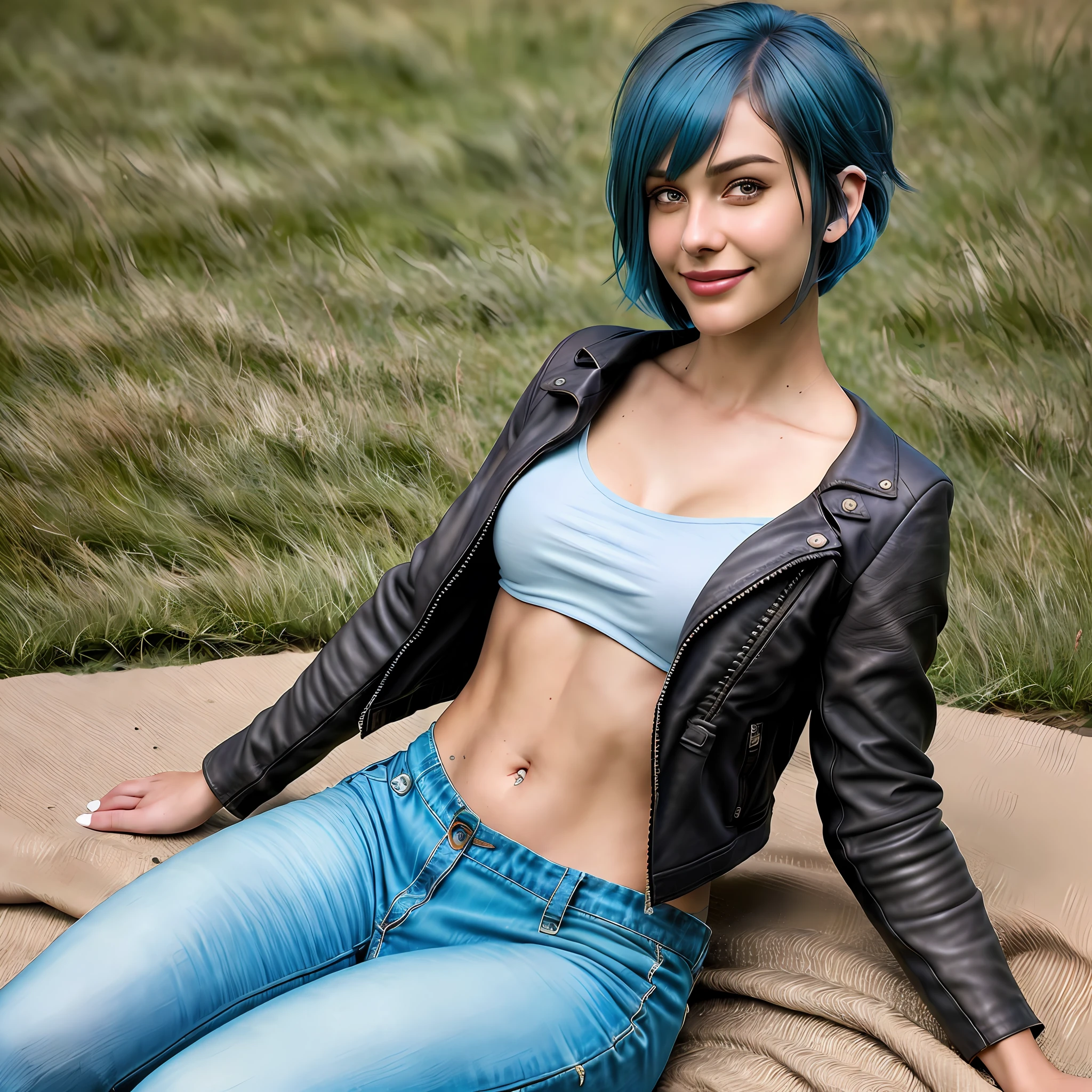 (best quality, masterpiece, realistic, detailed), 8k CG, excellent artwork, blue hair, messy Bob haircut, brown eyes, small angel tattoo on left front shoulder small boobs, medium butt, dressed up, casual outfit, smiling face, leather jacket, tan, full body, lying on the grass, focused on the sky, front view, 20 years old