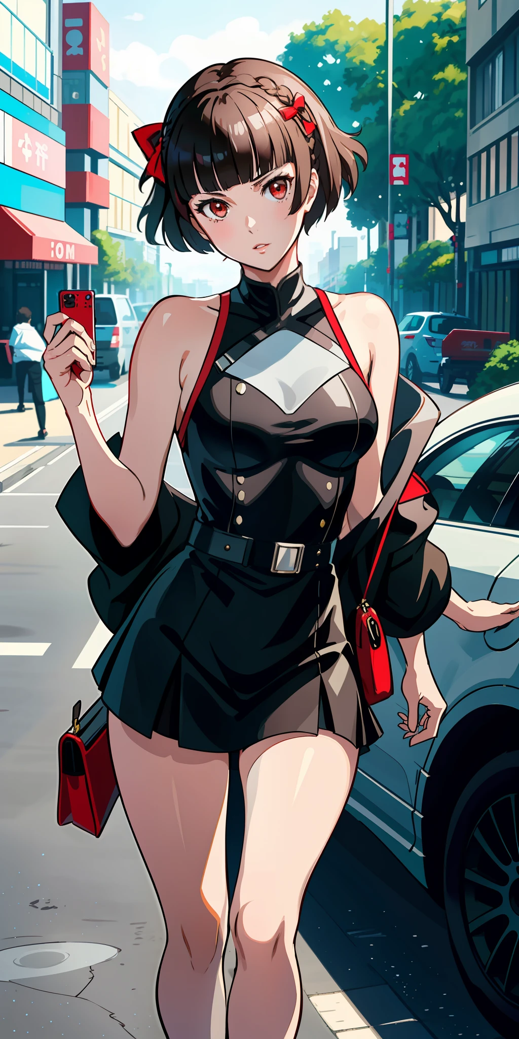 Solo, Makoto_Niijima (from persona 5, 1female, white skin, Japanese, red eyes, short brown hair, braid like a hairbow on top of hair, small boobs) taking a picture on the street, sexy one-piece high school uniform. (finely detailed), anime, best shadows, depth of field, (masterpiece), (best quality), 4K, high detail, anatomically correct