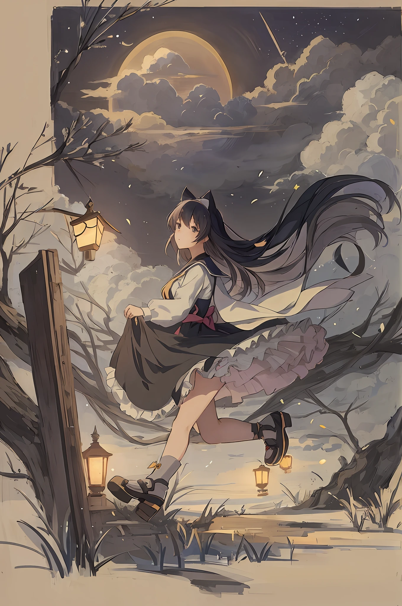 anime girl in a dress flying through the air with a cat, trending on artstation pixiv, anime illustration, anime fantasy illustration, zerochan art, anime art wallpaper 8 k, anime art wallpaper 4 k, anime art wallpaper 4k, anime style 4 k, anime style illustration, pixiv contest winner, by Yang J, beautiful anime artwork, girl under lantern