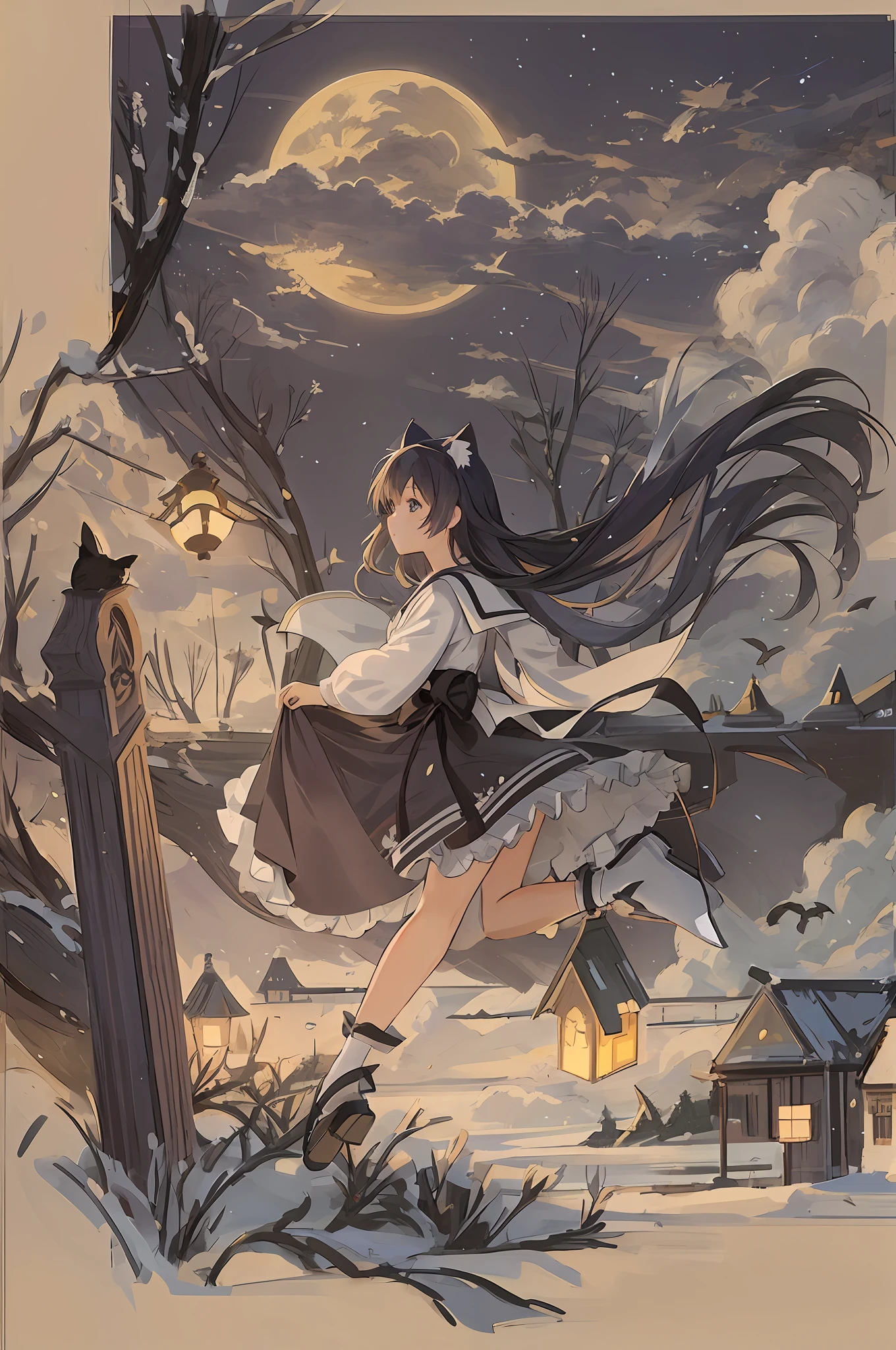 anime girl in a dress flying through the air with a cat, trending on artstation pixiv, anime illustration, anime fantasy illustration, zerochan art, anime art wallpaper 8 k, anime art wallpaper 4 k, anime art wallpaper 4k, anime style 4 k, anime style illustration, pixiv contest winner, by Yang J, beautiful anime artwork, girl under lantern