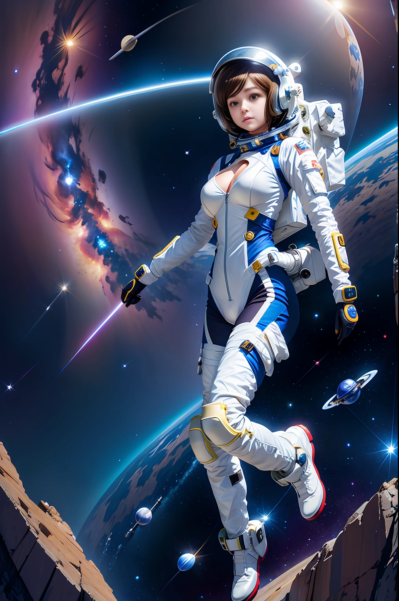 a cute girl wears astrosuit with helmet,(floating in a space background:1.2):1.5,masterpiece, best quality, (cinematic lighting), good hand,finely detailed suit, sharp focus,slim body,big breasts,beautiful face