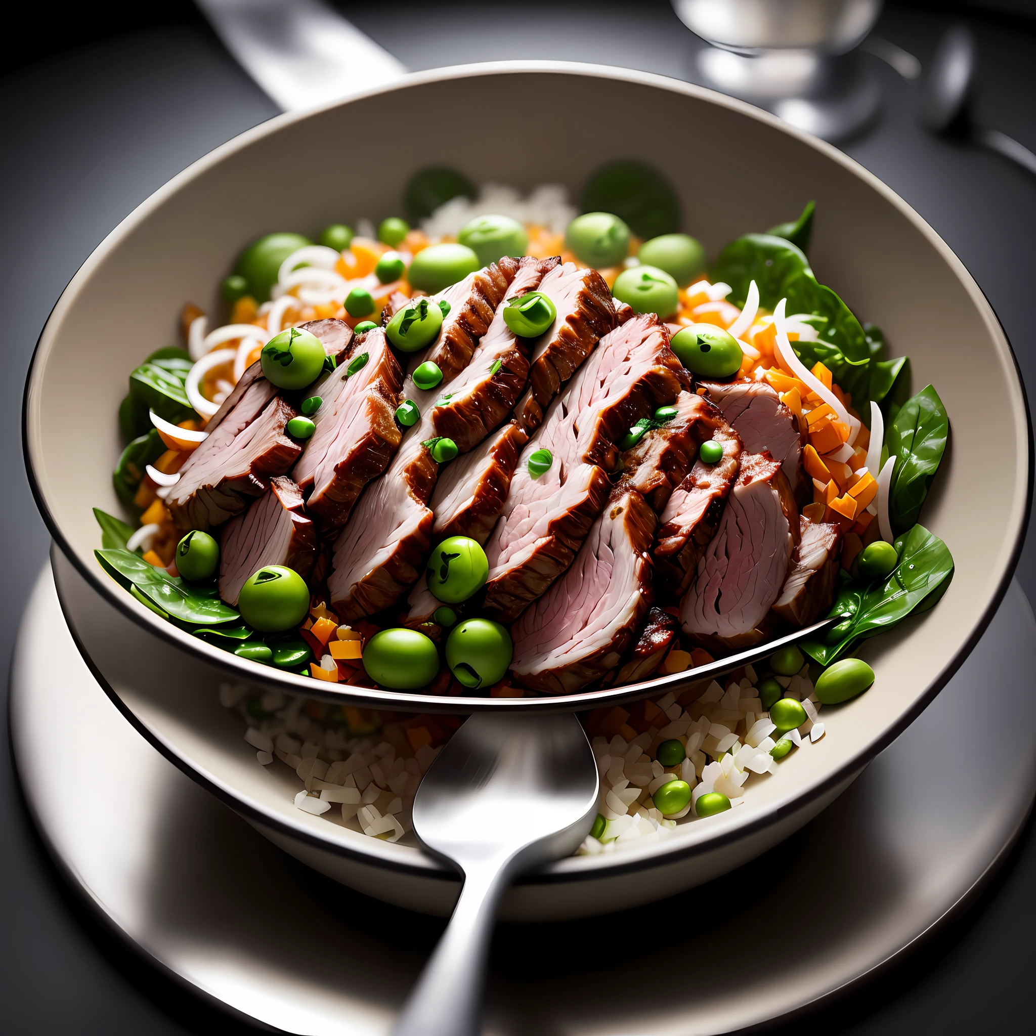 Ultra realistic style, stainless steel bowl with shredded lamb meat, chopped spinach, chopped sweet potato, peas, intricate details, dslr, 100 mm, pets, diffused light, Studio photography, professional advertising, 8k