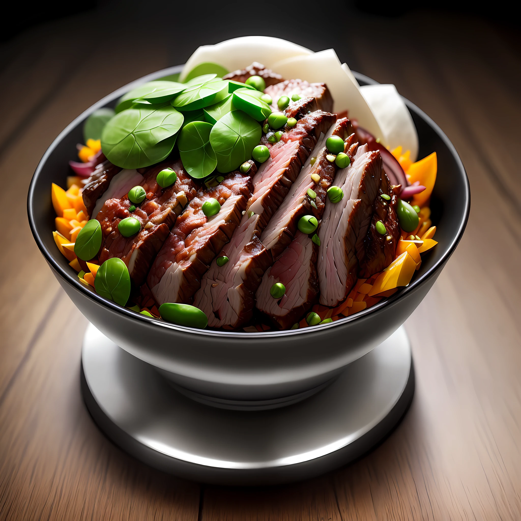 Ultra realistic style, stainless steel bowl with shredded lamb meat, chopped spinach, chopped sweet potato, peas, intricate details, dslr, 100 mm, pets, diffused light, Studio photography, professional advertising, 8k
