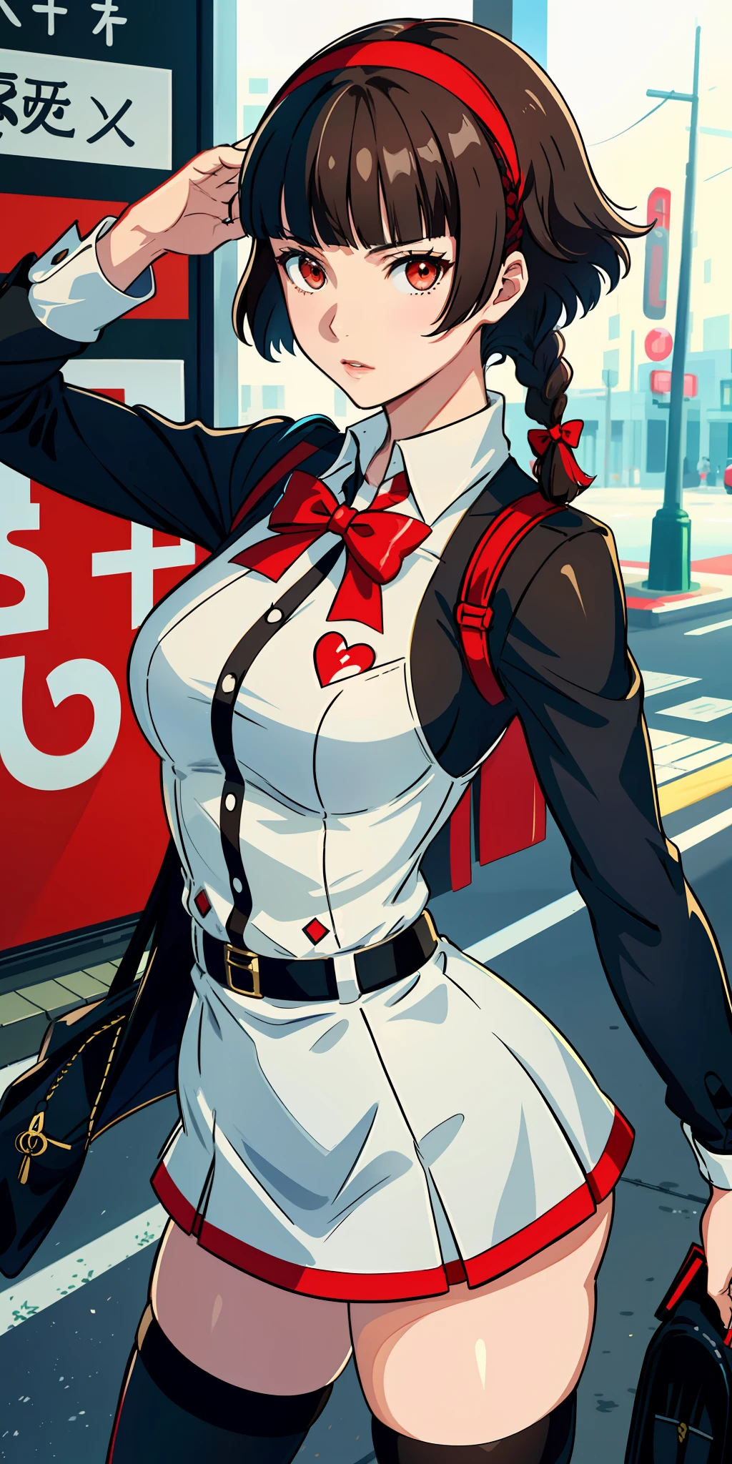 Solo, Makoto_Niijima (from persona 5, 1female, white skin, Japanese, red eyes, short brown hair, braid like a hairbow on top of hair, small boobs) taking a picture on the street, sexy one-piece high school uniform. (finely detailed), anime, best shadows, depth of field, (masterpiece), (best quality), 4K, high detail, anatomically correct