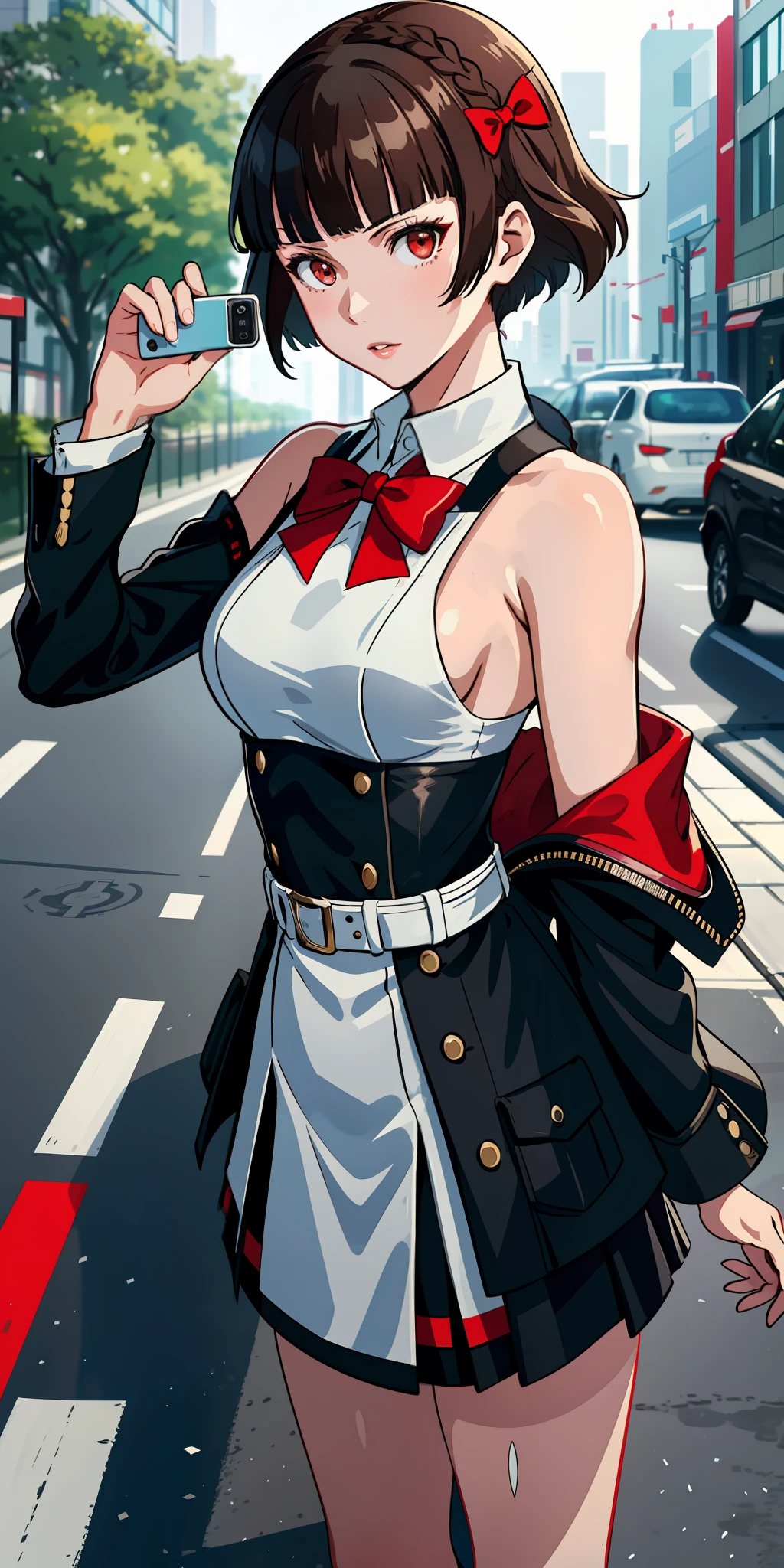 Solo, Makoto_Niijima (from persona 5, 1female, white skin, Japanese, red eyes, short brown hair, braid like a hairbow on top of hair, small boobs) taking a picture on the street, sexy one-piece high school uniform. (finely detailed), anime, best shadows, depth of field, (masterpiece), (best quality), 4K, high detail, anatomically correct