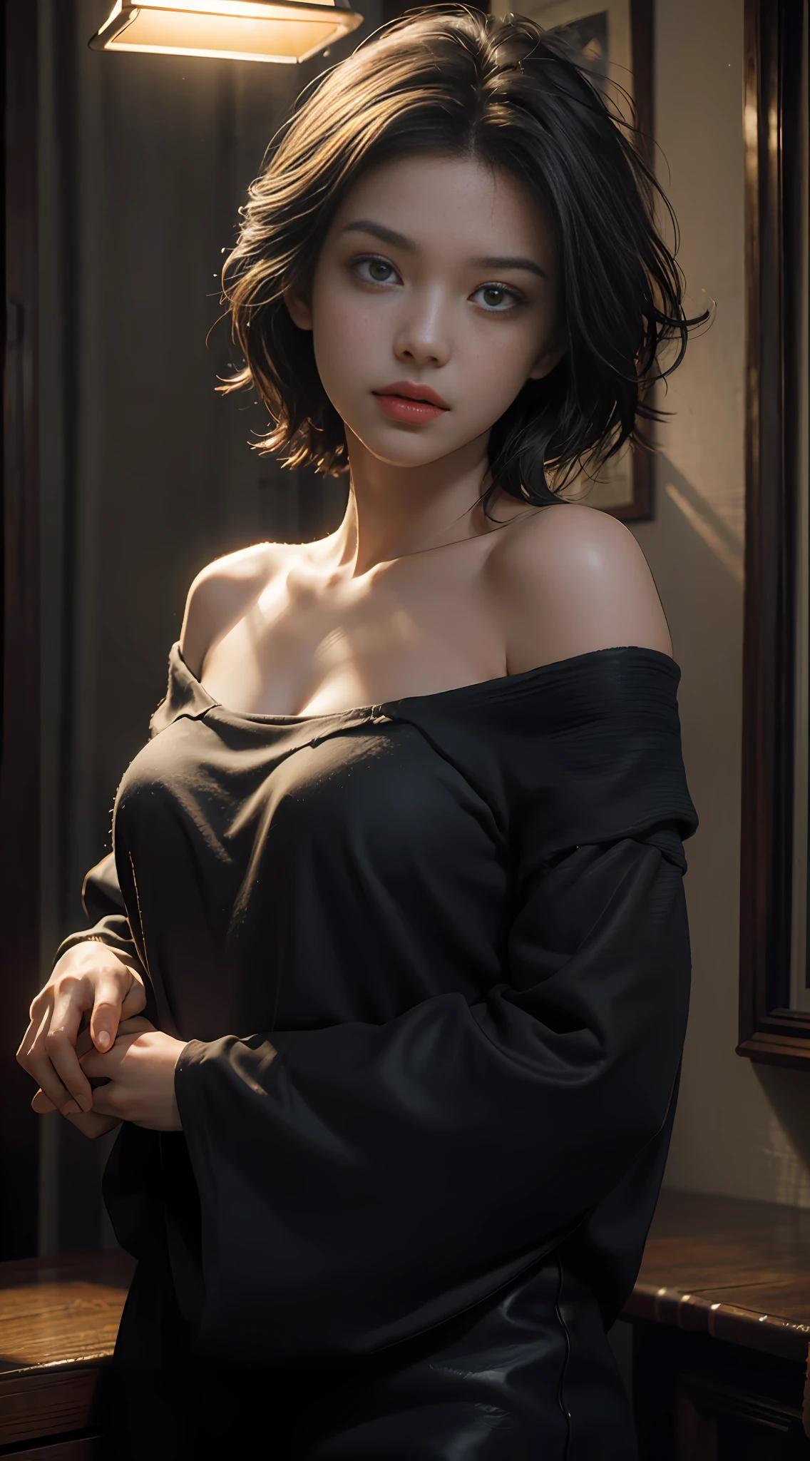 Best quality, masterpiece, ultra high res, (photorealistic:1.4), raw photo, 1girl, off shoulder, cinematic lighting