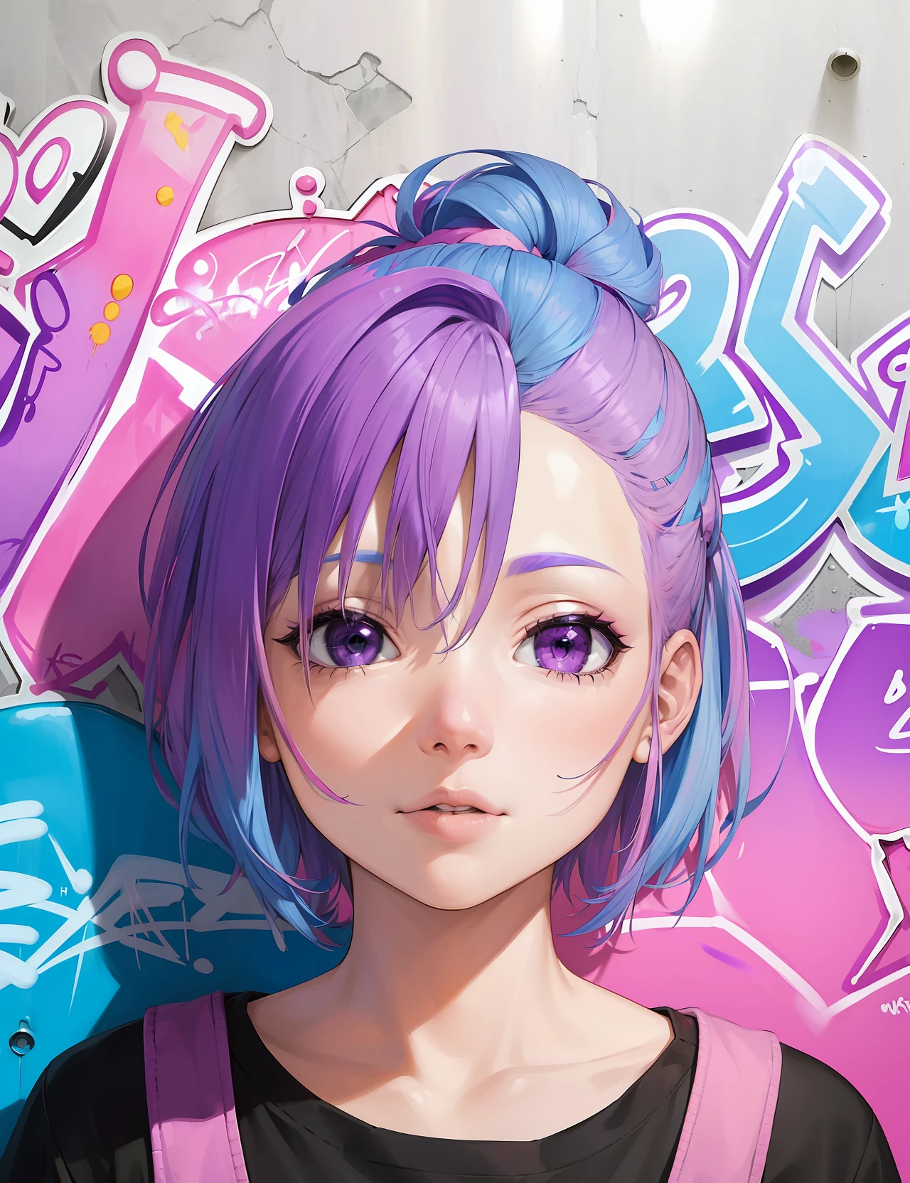 (imagine,pink+purple+blue hair:1.4),(1girl),beautiful face,((graffiti art)|(album cover)), uplight