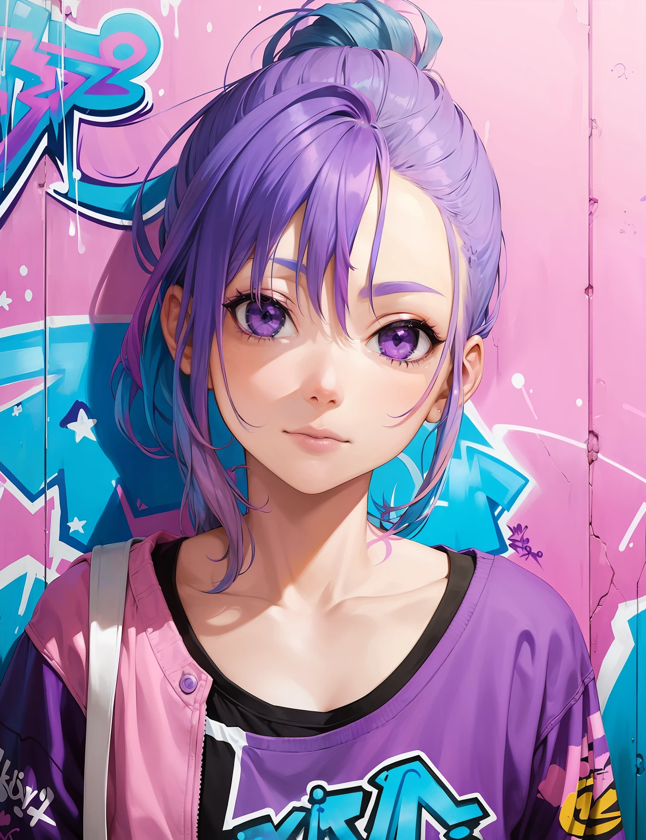 (imagine,pink+purple+blue hair:1.4),(1girl),beautiful face,((graffiti art)|(album cover)), uplight