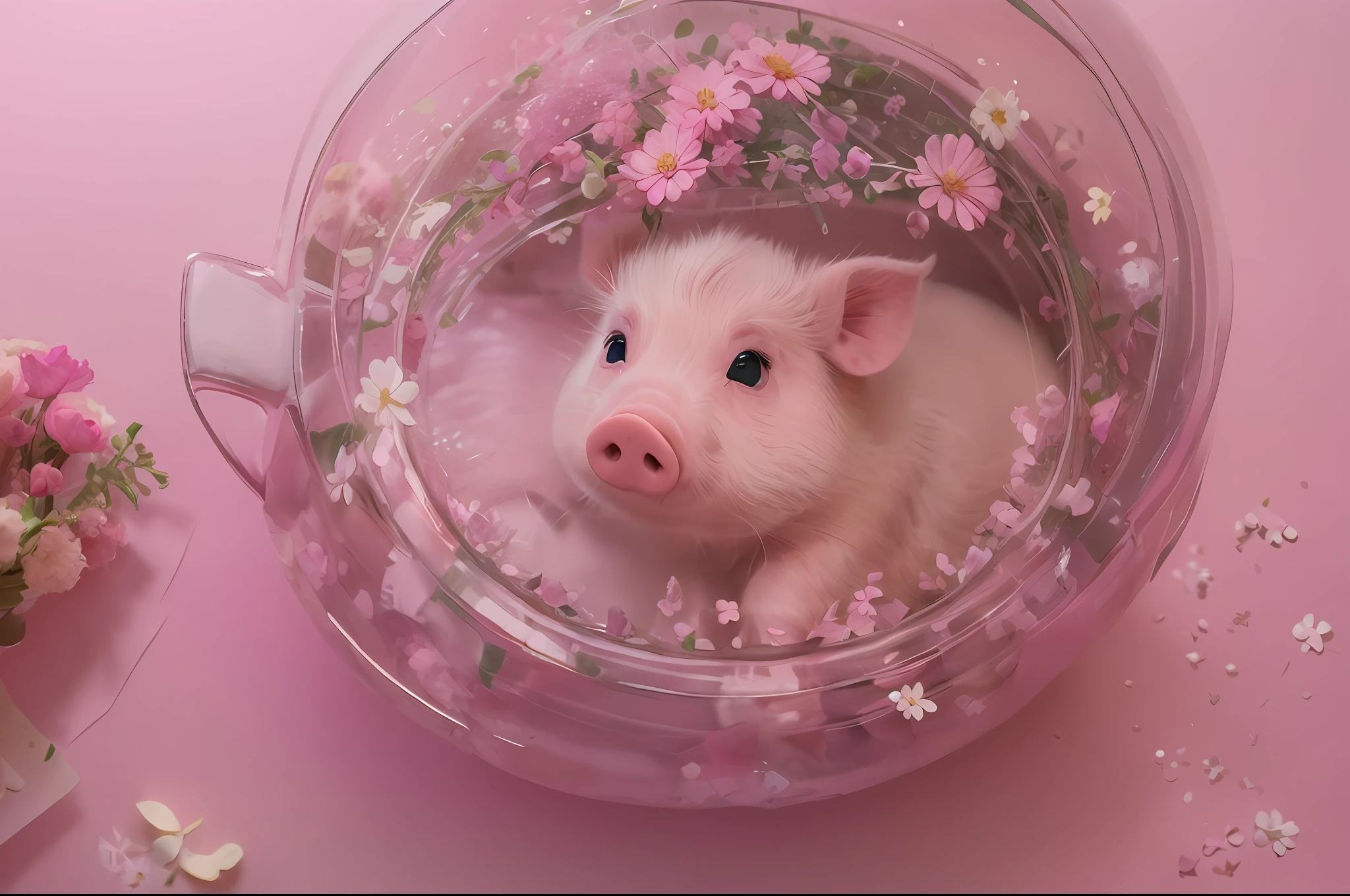 (a cute little pig),(pink tutu),(pastel colors),(soft shading),adorable expression,(floral halo),dreamy background (vibrant and full of life), [watercolor effect, sketch mark embedding]