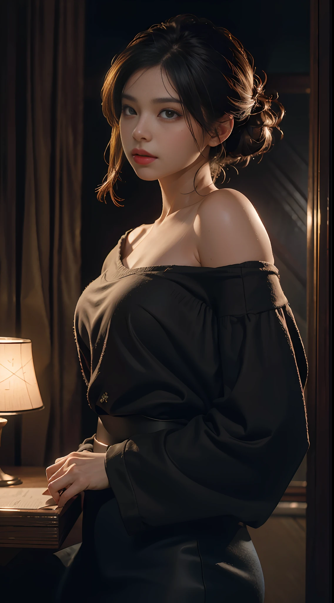 Best quality, masterpiece, ultra high res, (photorealistic:1.4), raw photo, 1girl, off shoulder, cinematic lighting